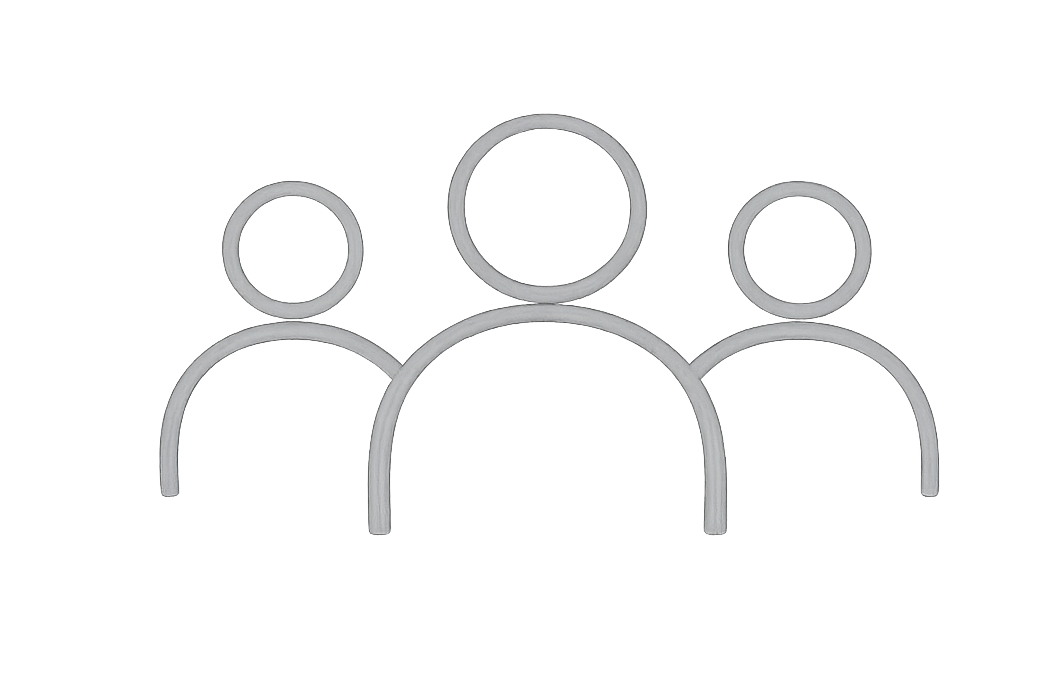 Outline of three people with circular heads and curved shoulders, representing a group or community.