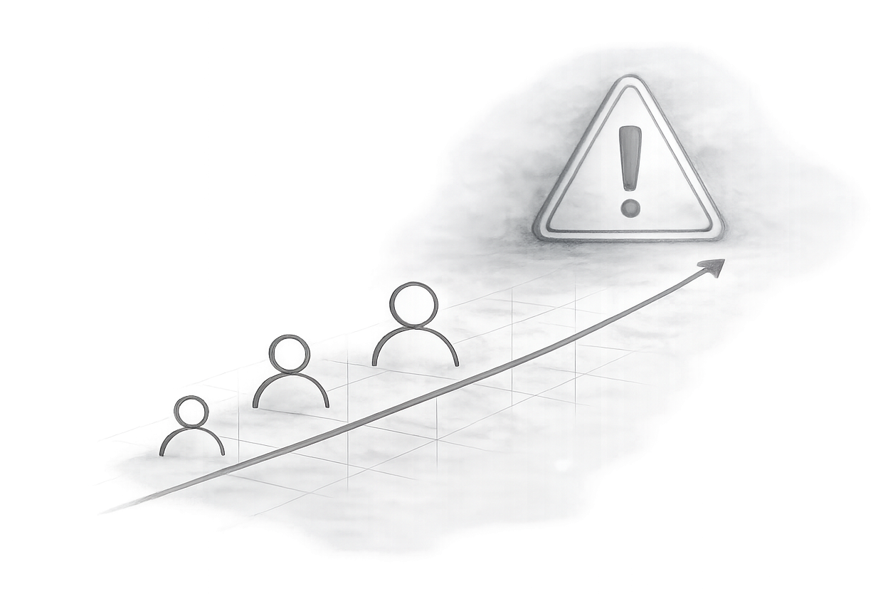 Line graph with three human icons showing growth, leading to a warning sign with an exclamation mark.