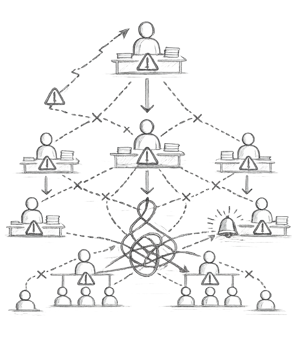 Diagram of a hierarchical organization structure with nodes representing people at different levels, connected by lines indicating relationships, drawn with white chalk on a black background.