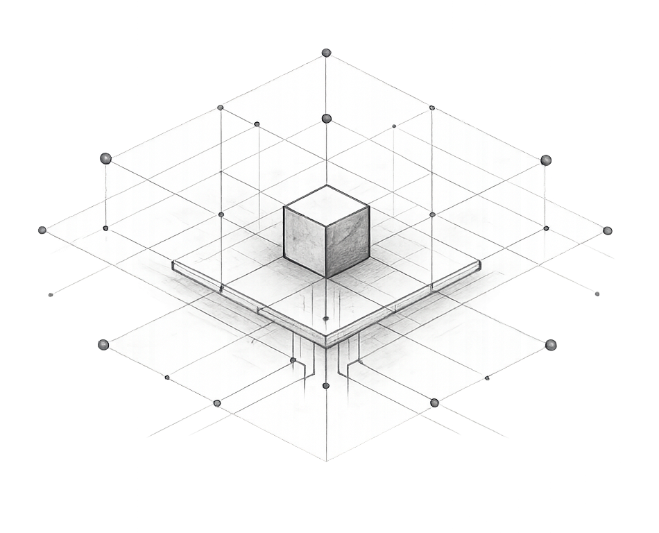 A 3D isometric sketch of a geometric diagram with a central cube, surrounded by a grid and additional lines connecting to various points. The drawing appears technical, with shading and perspective lines.