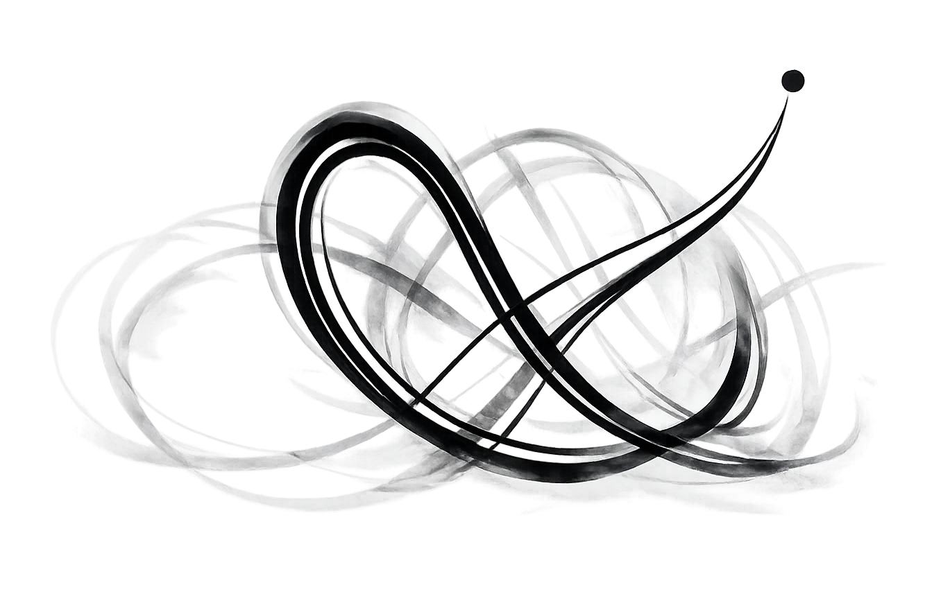 Abstract black and white 3D swirling geometric sculpture with circular and curved elements.