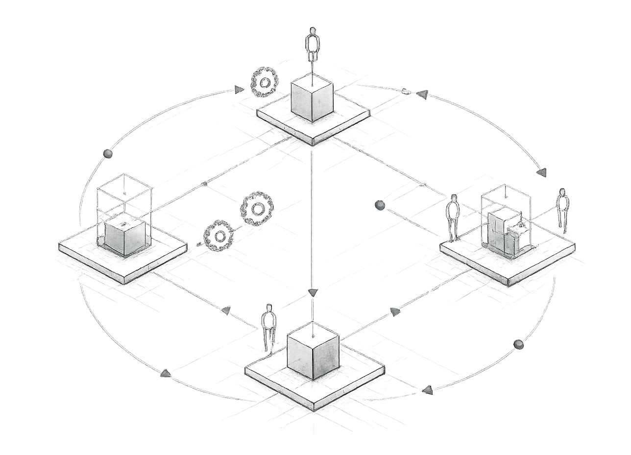 A technical diagram illustrating a computer network or system with four main components connected by arrows showing data flow, including gears, towers, and platforms on a black background.