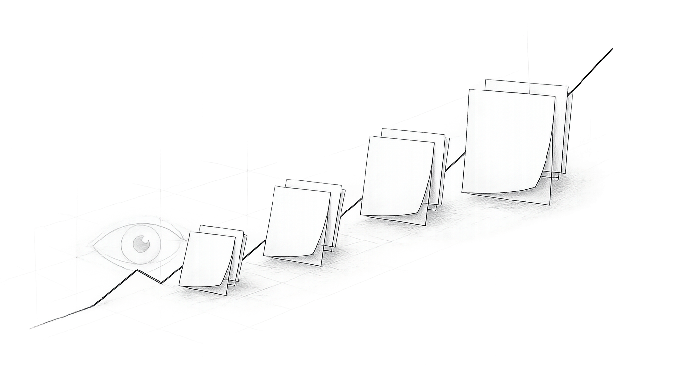 A digital sketch of a research or data analysis setup, featuring an eye icon, several large sheets of paper or screens, and graphical data representations on a grid background.