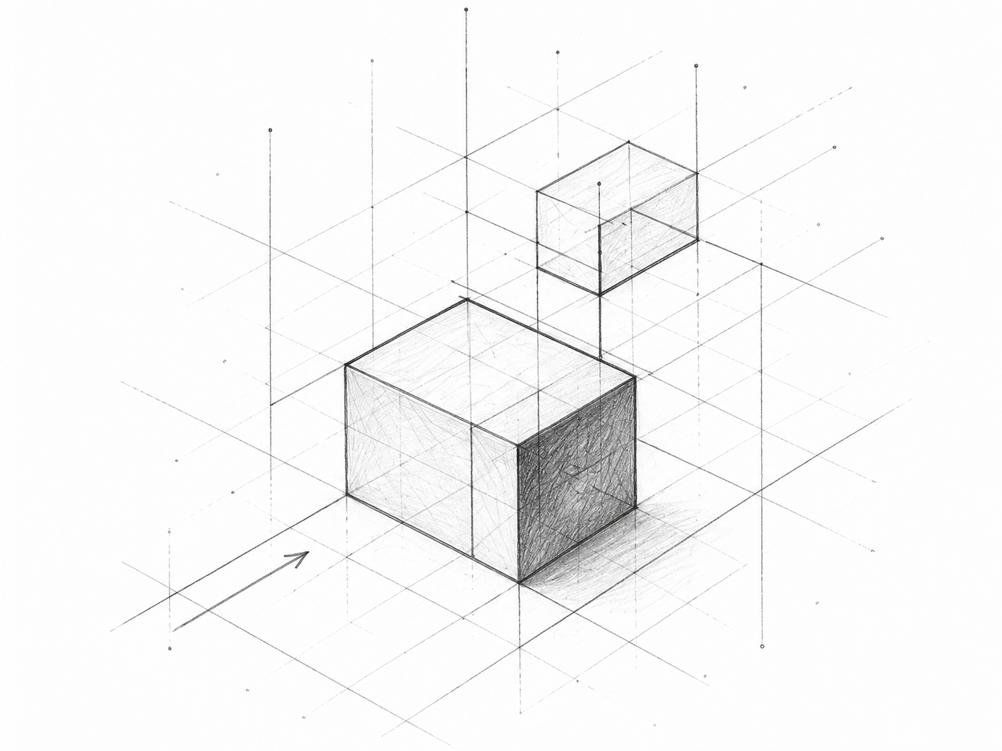 A detailed pencil sketch of two three-dimensional cubes on a geometric grid with perspective lines.