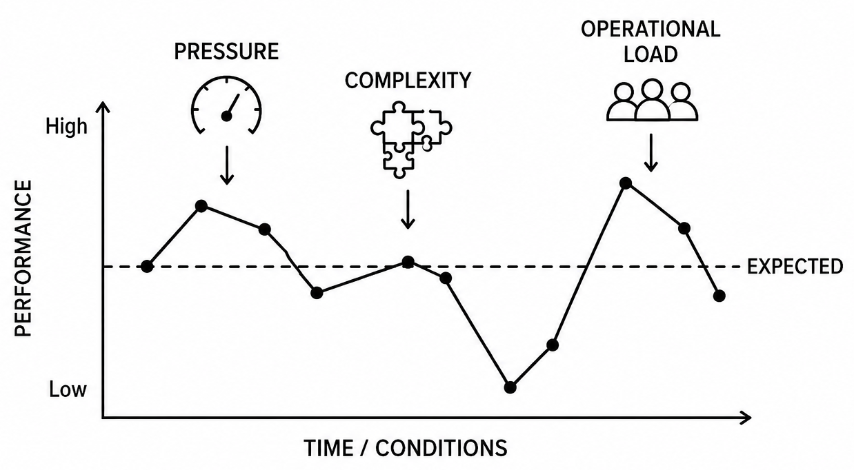 A line graph showing performance over time or conditions with three key points labeled pressure, complexity, and operational load, each marked with related icons. The graph indicates fluctuations around an expected performance level.