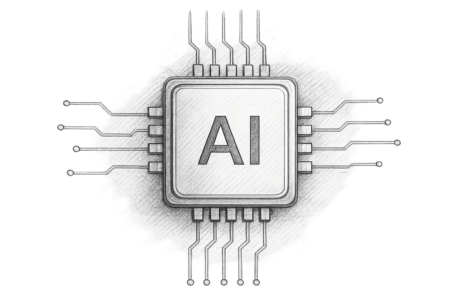 Sketch of a microchip with the letters 'AI' in the center, surrounded by circuit connections.