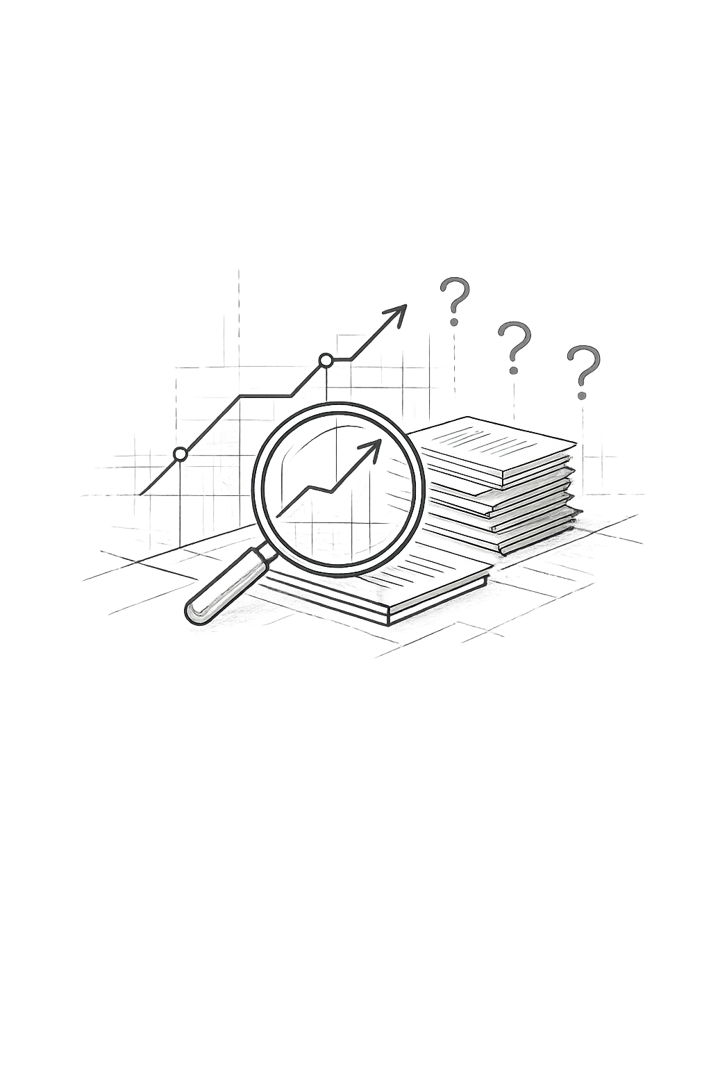 A grayscale illustration of a magnifying glass focusing on a line graph with an upward trend, placed on top of a stack of papers, with additional question marks and a rising line graph in the background.