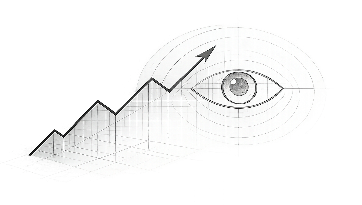 A sketch of a rising line graph with an upward arrow, alongside a large eye icon, on graph paper background.