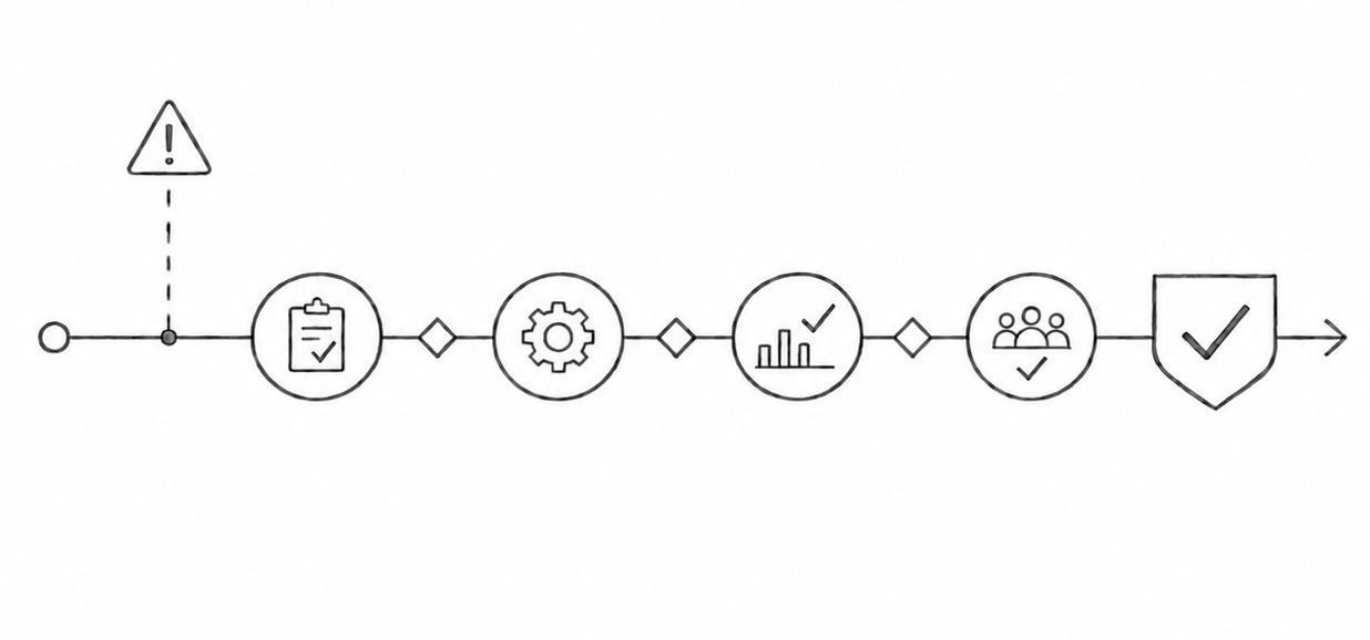 A process flowchart with six interconnected icons, starting with a warning sign followed by icons representing checklist, gear, bar graph with a check, group of people, and shield with a checkmark, illustrating a step-by-step process.