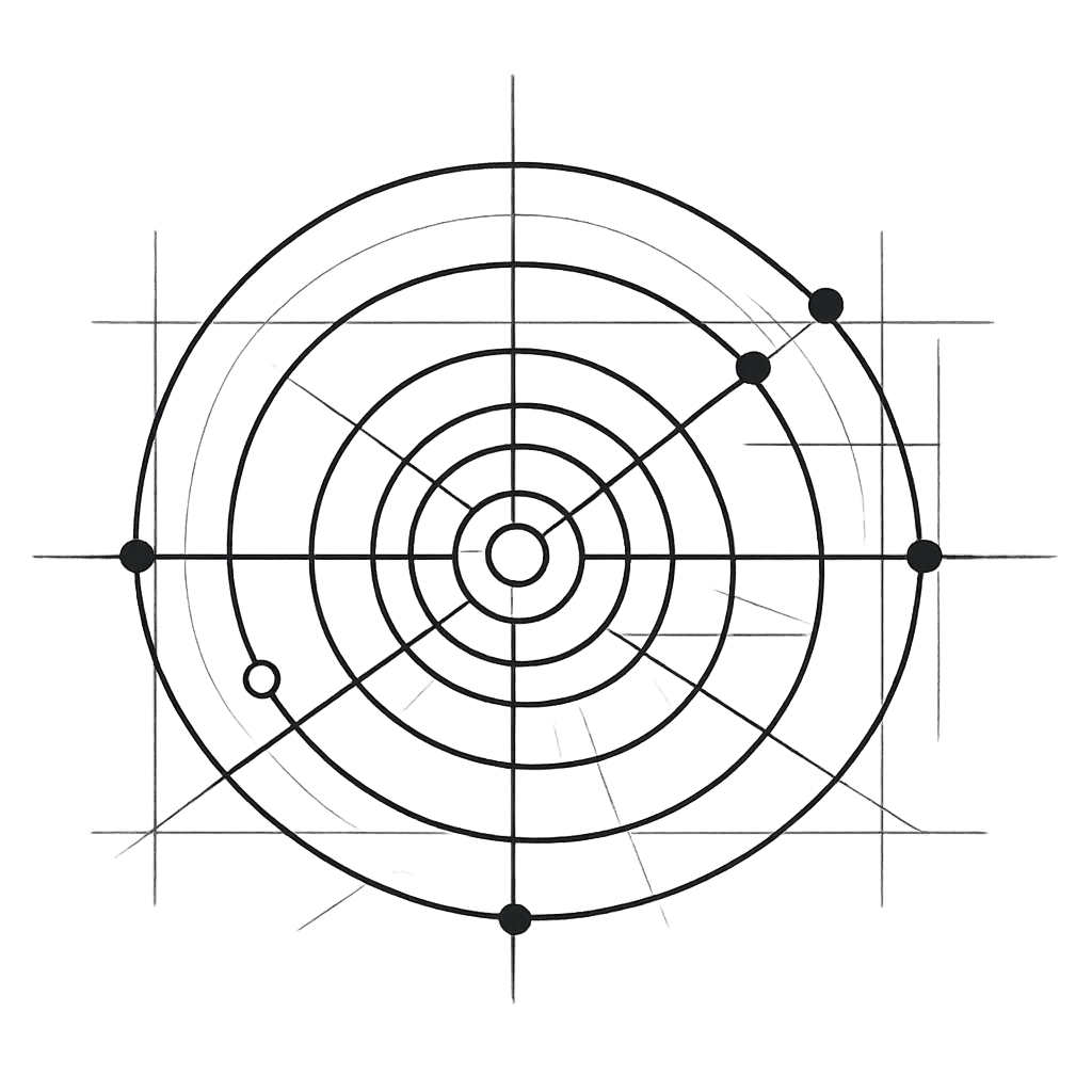A black and white radar screen with concentric circles, radial lines, and six black dots indicating positions.