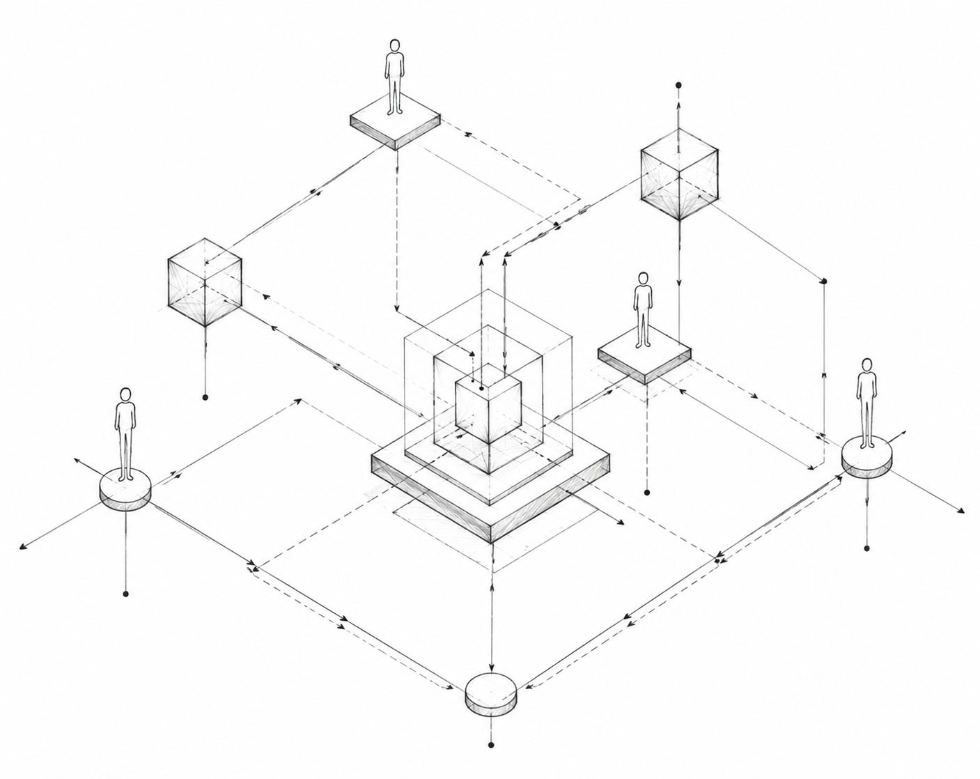 A technical diagram illustrating a network or system with interconnected 3D boxes and human figures, showing lines and arrows representing relationships or data flow.