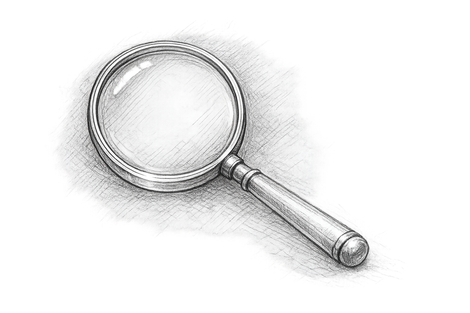 A sketch of a magnifying glass with a circular lens and a handle, drawn in pencil.