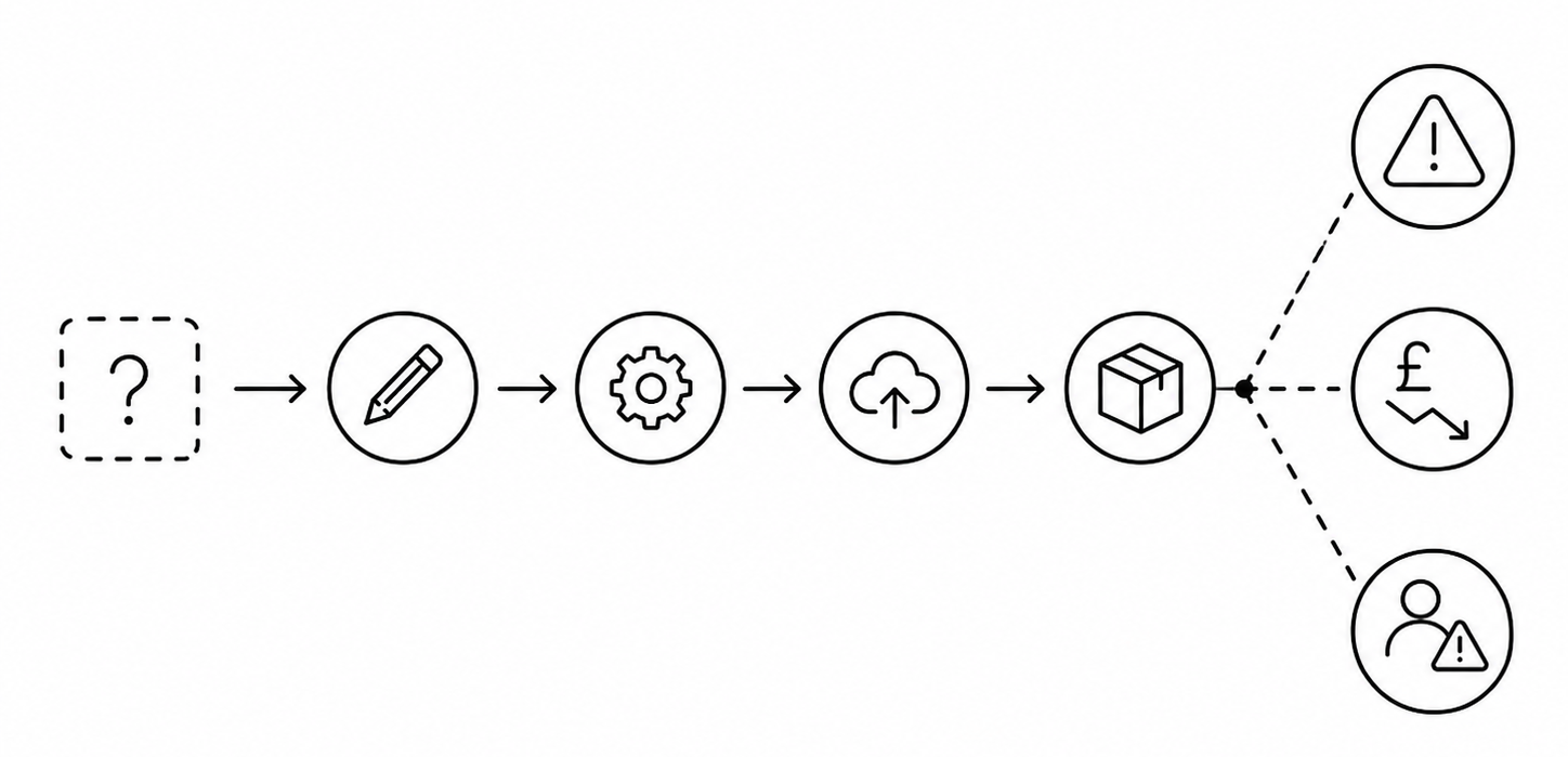 Flowchart with icons: a question mark in a dashed box, pencil, gear, cloud upload, package, and three circles with warning, currency, and user icons, with arrows indicating process and divergent points.