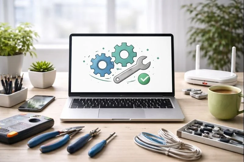 Laptop on desk with gears and wrench graphic on screen, surrounded by tools, potted plants, router, mug, and electronic accessories. Let Digital Pickle fix your things.