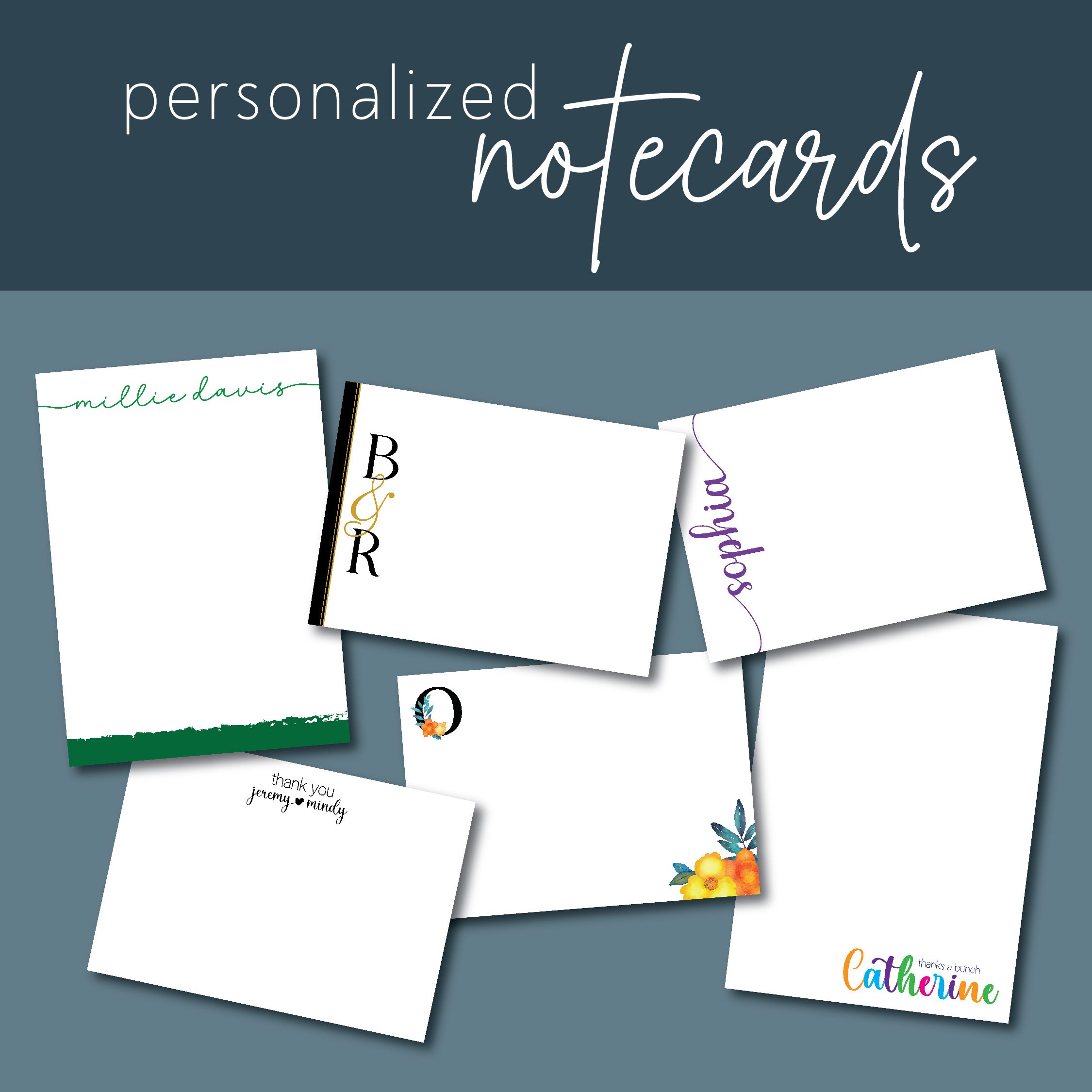 Display of six personalized notecards with various designs and signatures, including one with a floral theme, one with script writing, and others with different fonts and graphics.