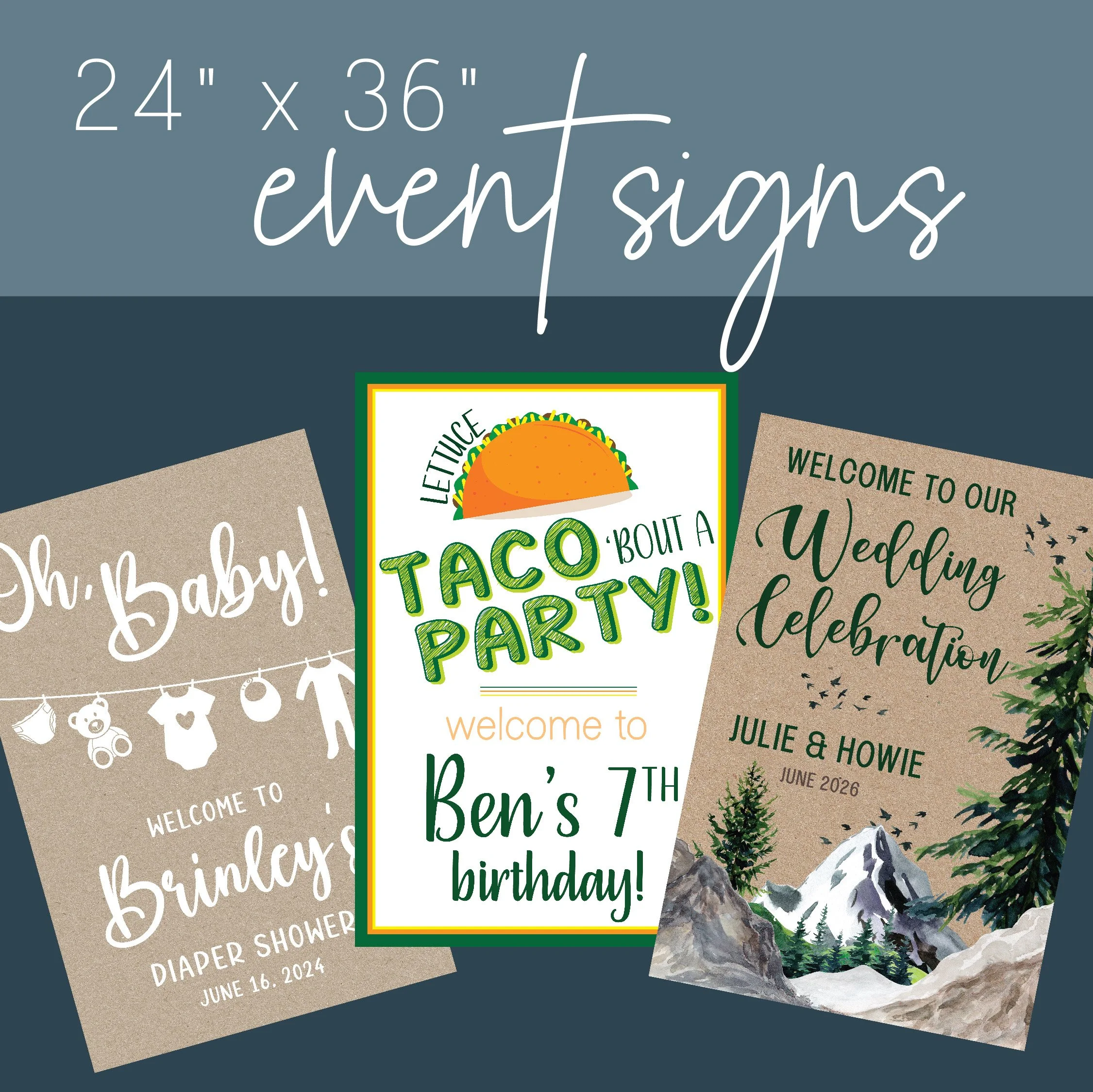 Collection of three signs for parties and celebrations, including a birthday party, a wedding celebration, and a baby shower, with decorative illustrations and texts.