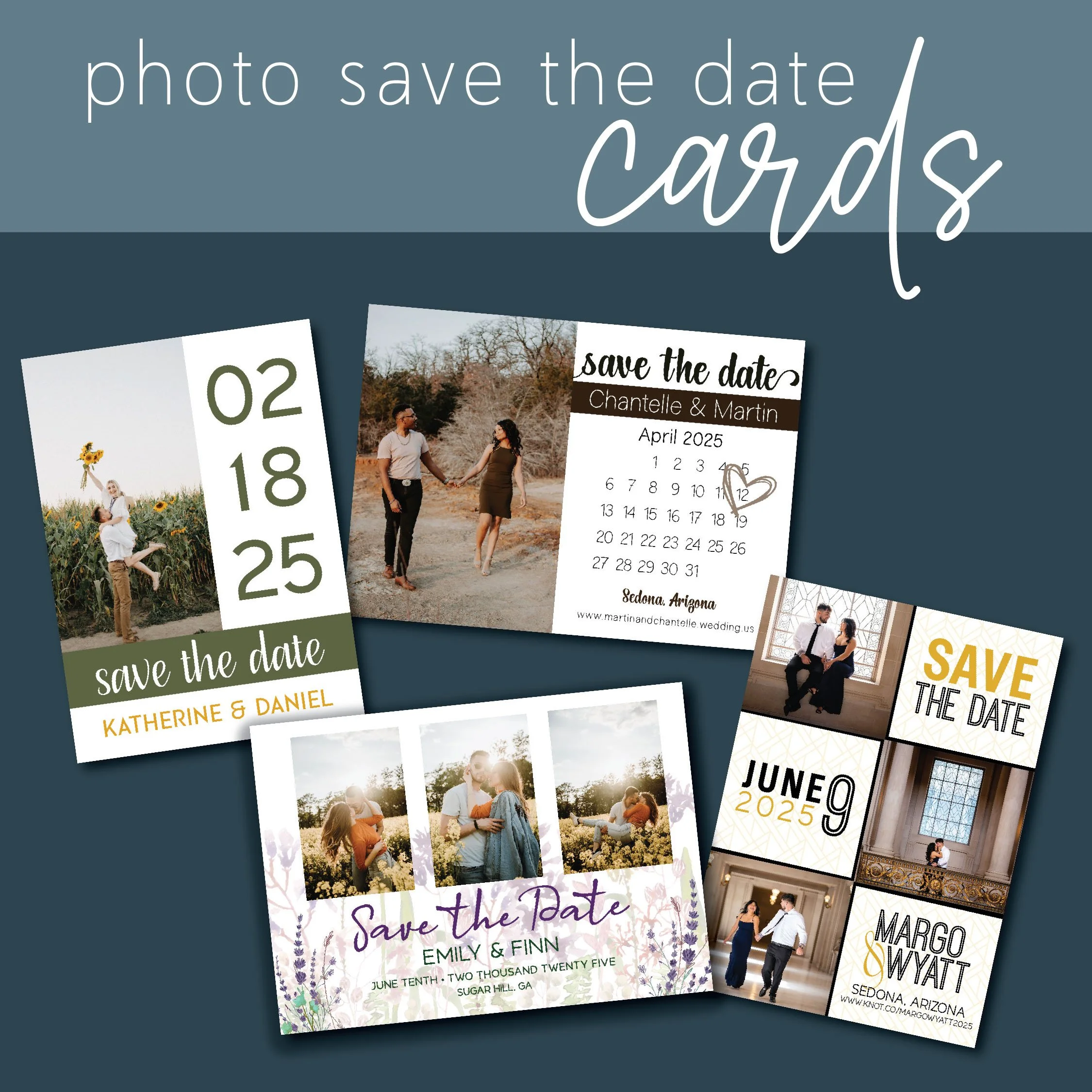 A digital collage showing four different wedding save-the-date cards with various designs, photos of couples, and event details.