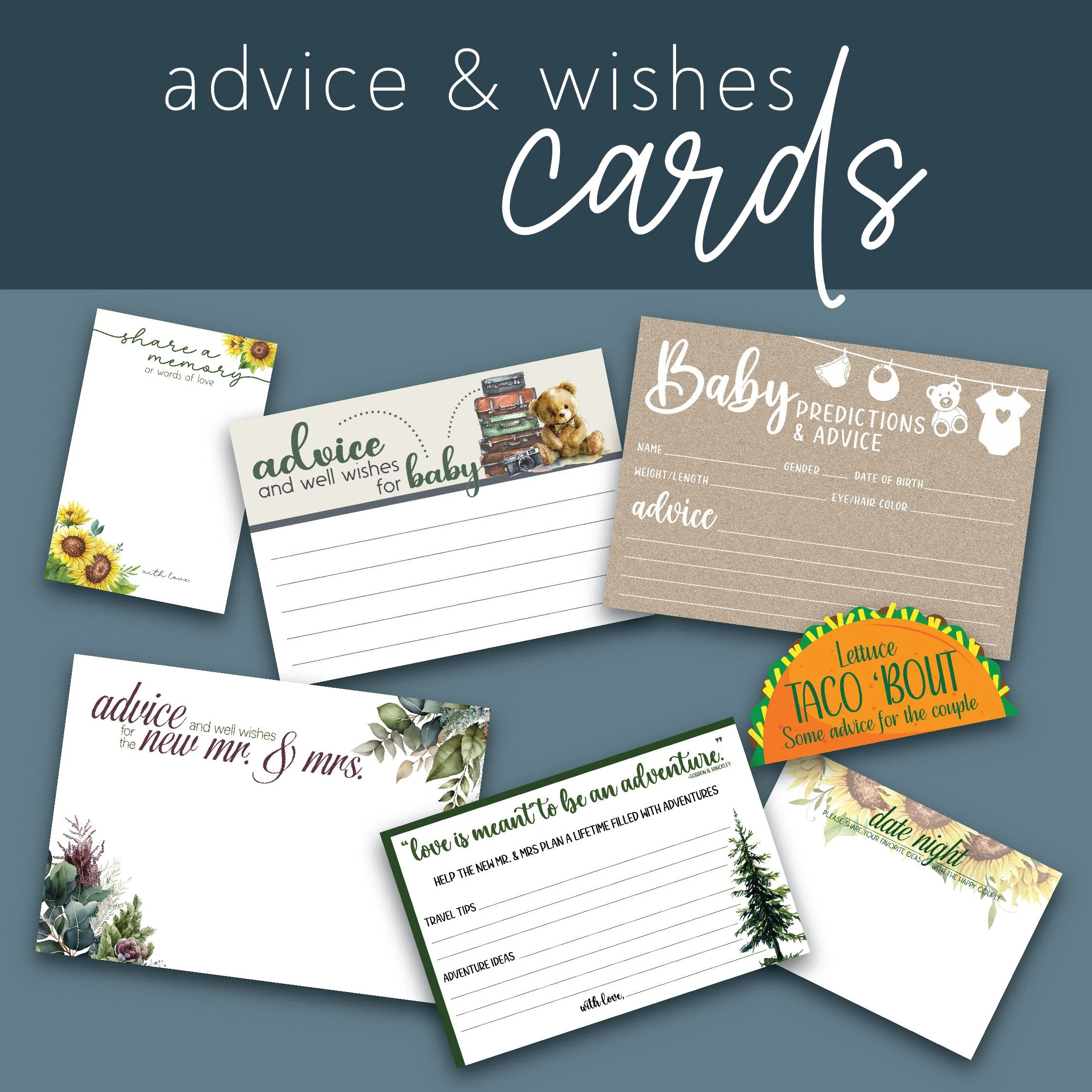 A display of advice and wishes cards for different occasions, including baby, wedding, and dating night, featuring various designs with illustrations and text.