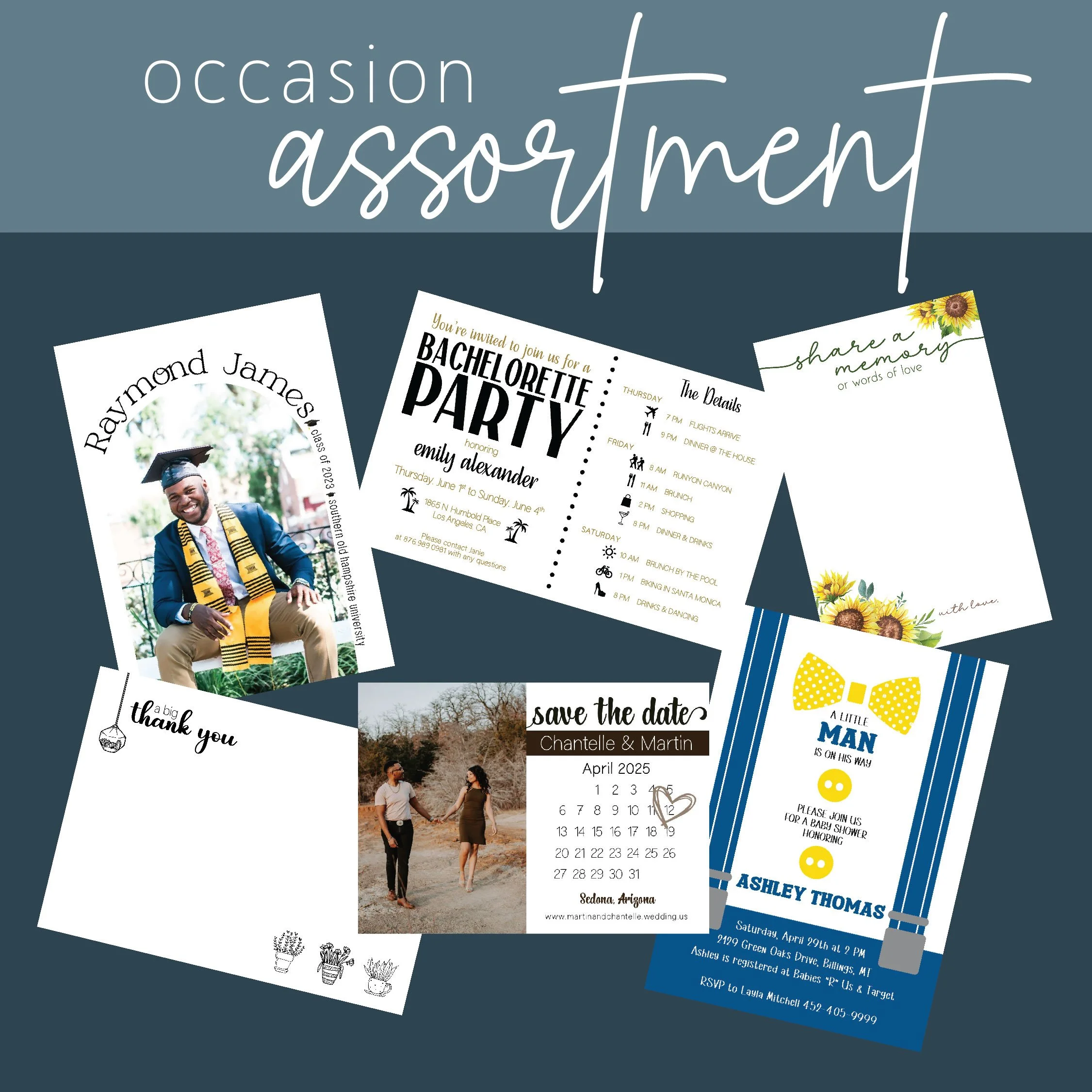A collection of printed event invitations and cards for various occasions, including a graduation announcement, a bridal shower, a wedding, a birthday save the date, a memorial, and a thank you card.