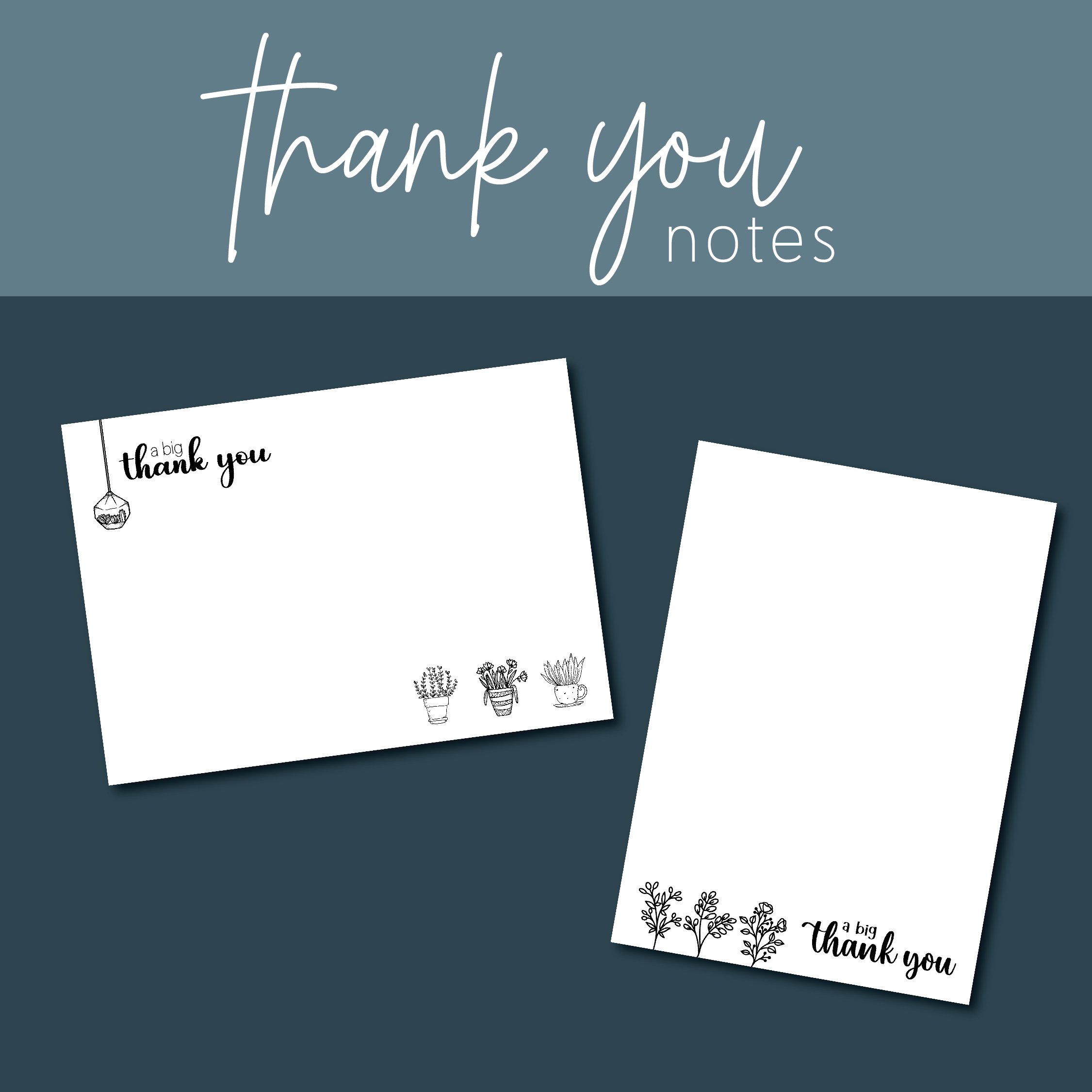 Collection of thank you notes with plant-themed illustrations and handwritten text, one featuring potted plants and the other with trees.