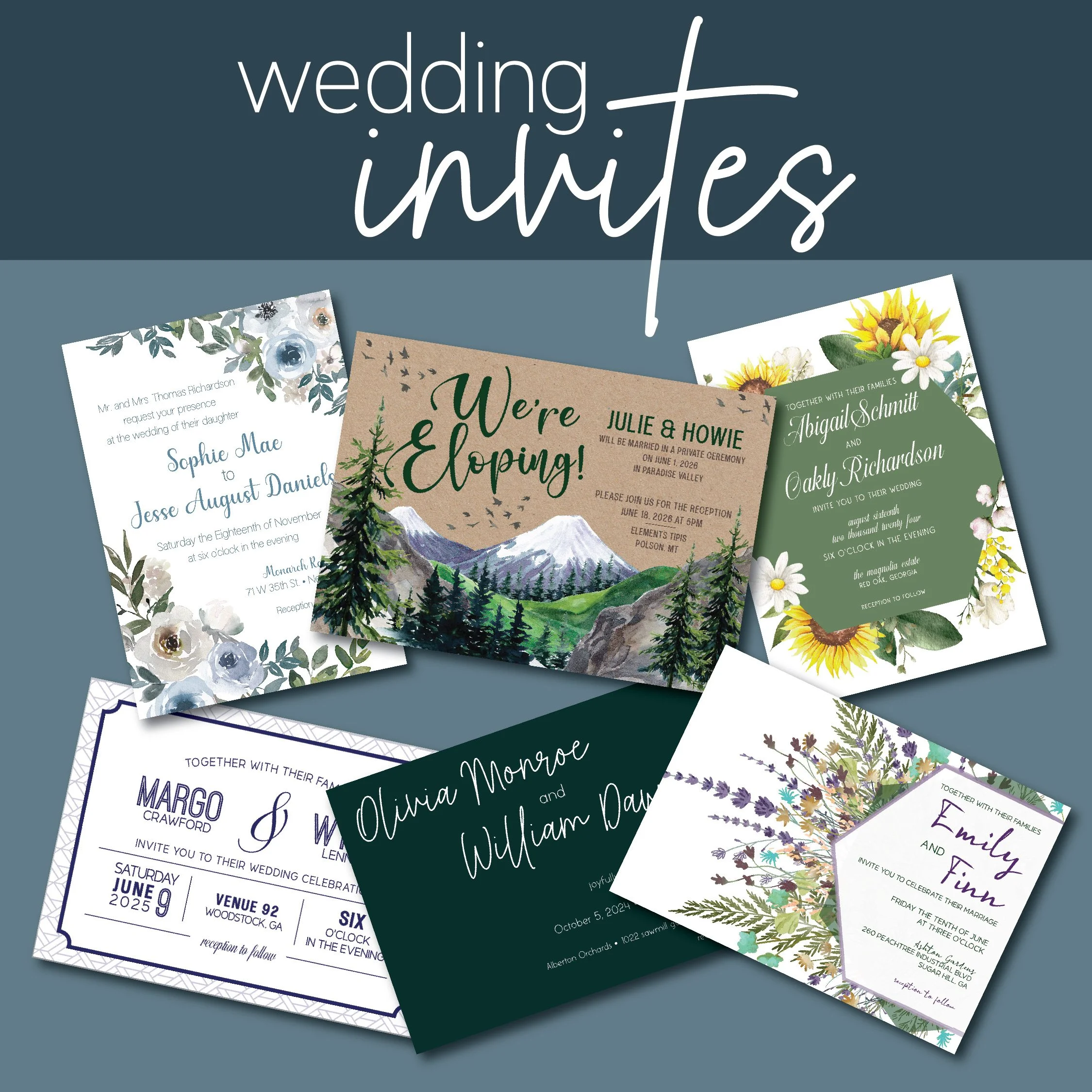 Collection of wedding invitation cards with various floral and nature-themed designs