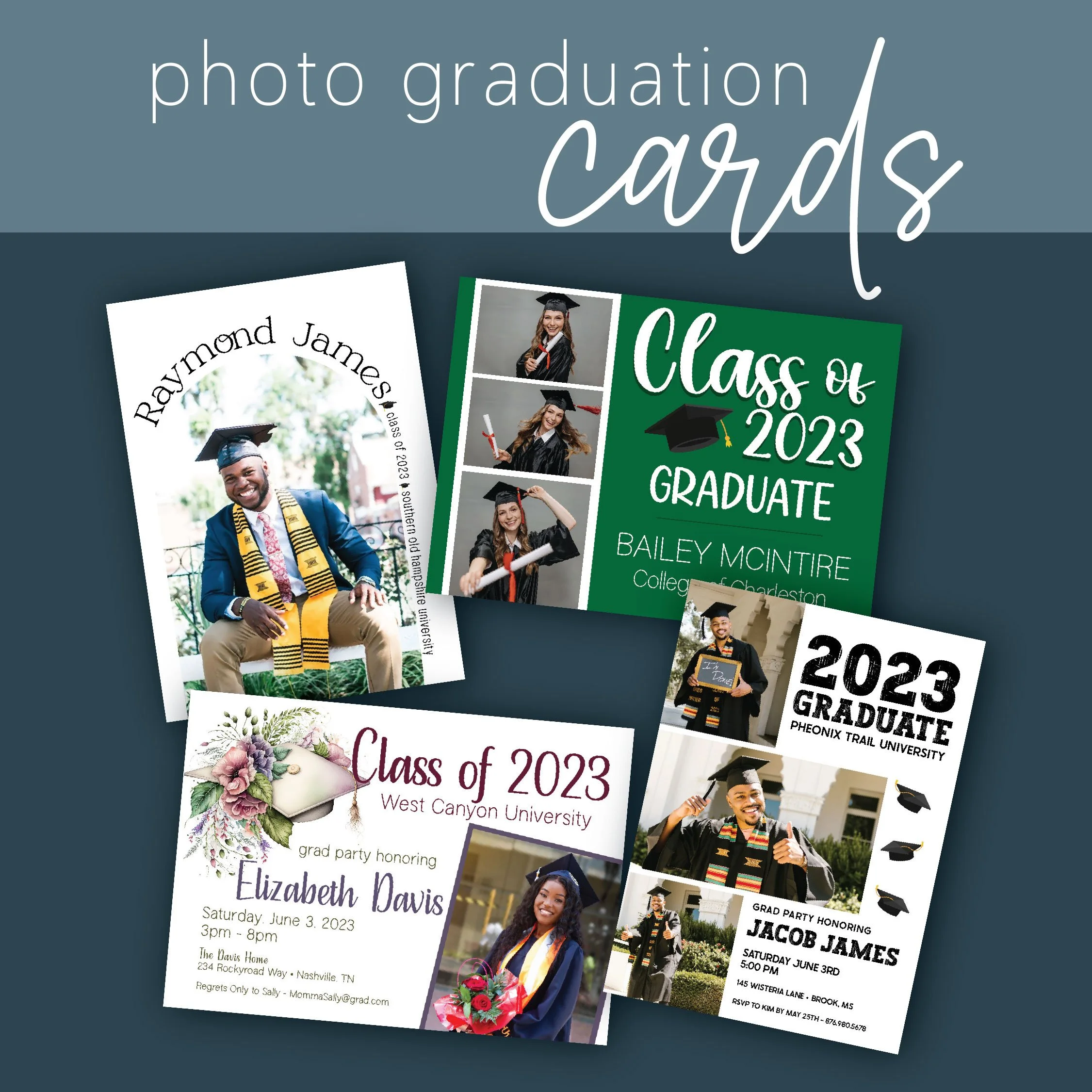 Collection of four different graduation announcement cards, featuring photos of graduates in caps and gowns and details about their graduation ceremonies.