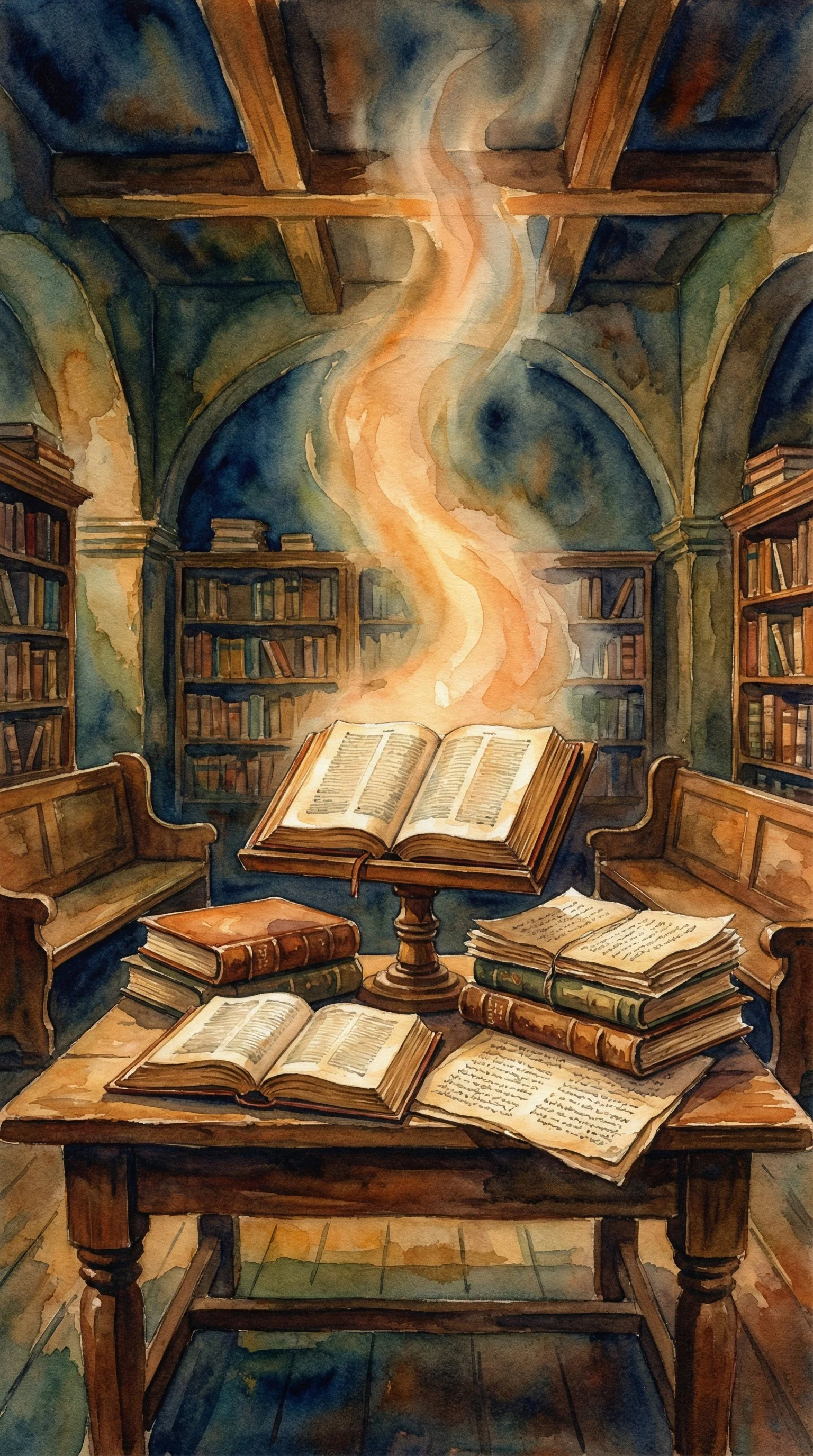 A watercolor painting of a cozy old library with shelves filled with books, a wooden table with open books and papers, two wooden benches, and a swirling magical aura arising from an open book in the center.