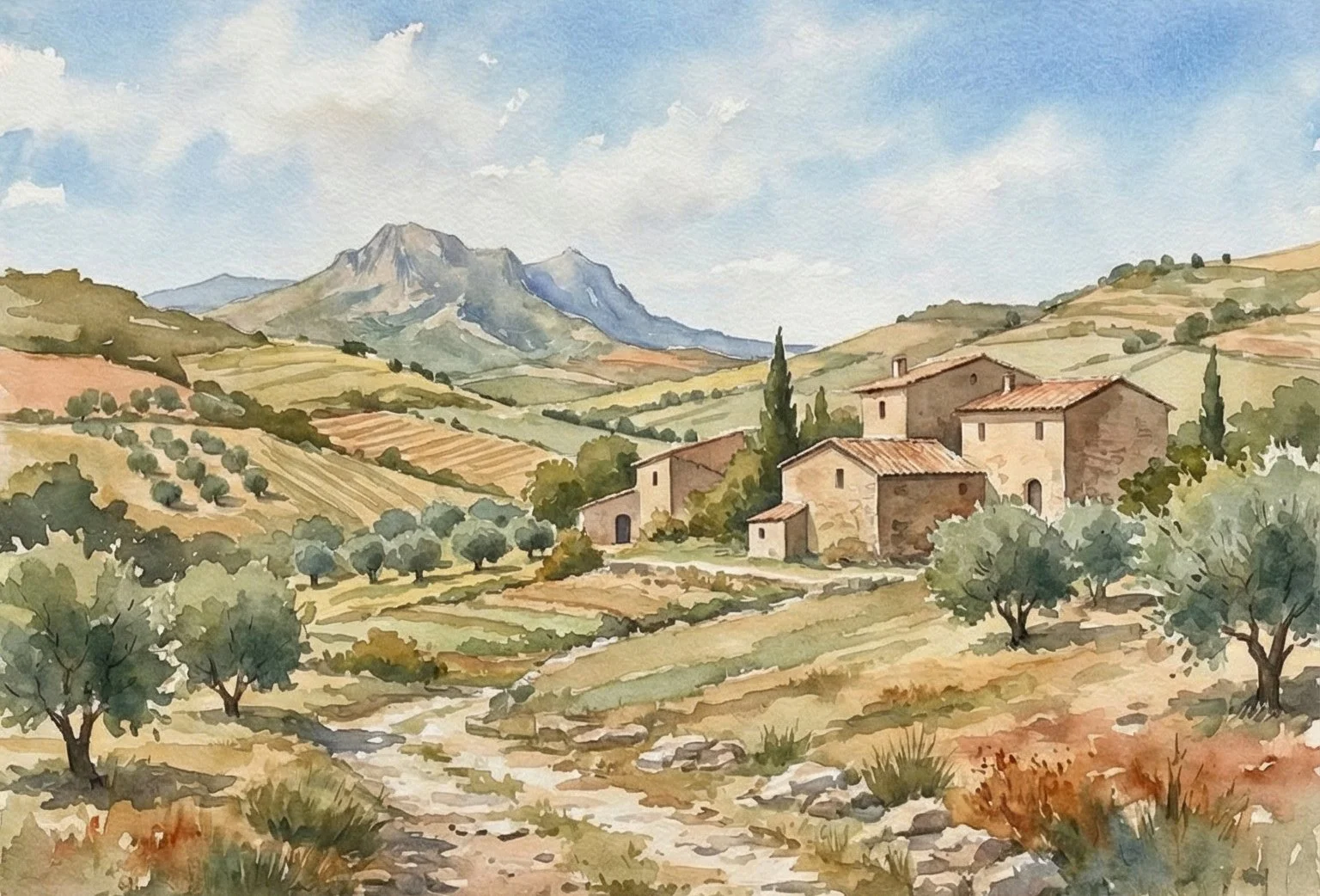 A watercolor painting of a rural Italian landscape with rolling hills, olive trees, traditional stone houses, and distant mountains under a partly cloudy sky.