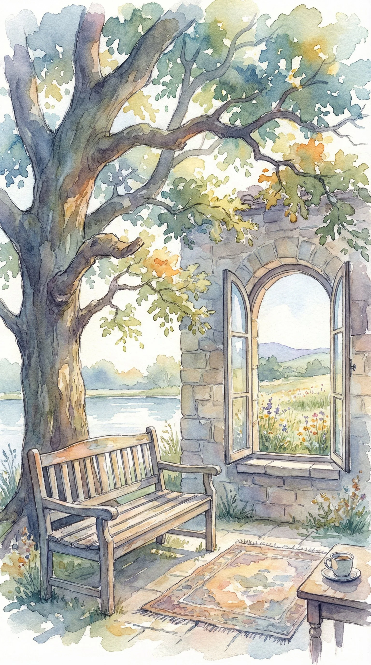 Watercolor painting of an outdoor scene featuring a large tree with green leaves, a stone wall with an open arched window showcasing a field of wildflowers and distant mountains, a wooden bench, a patterned rug, and a cup sitting on a small table.