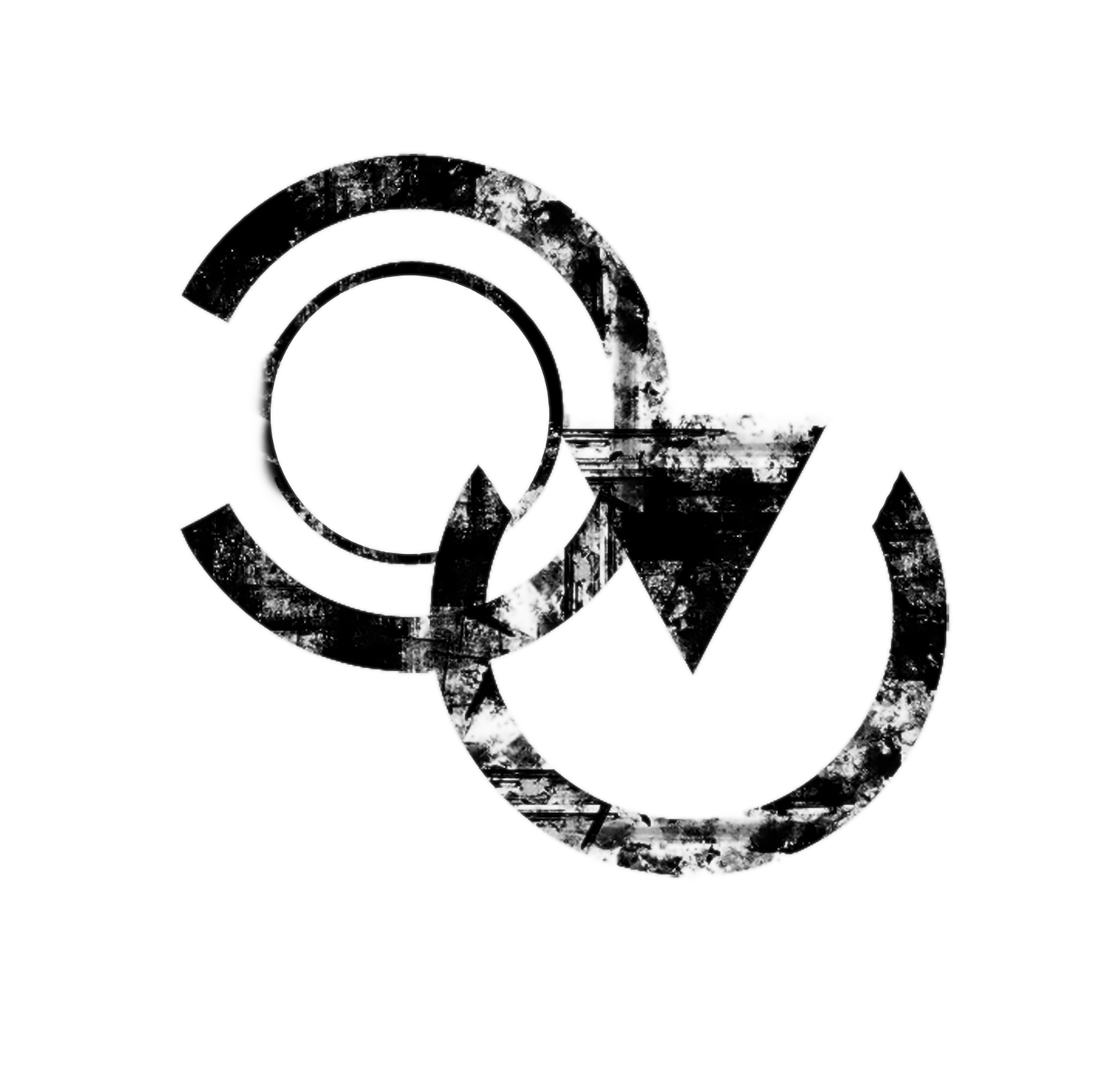 Abstract black and white geometric design featuring overlapping circles and triangles with a distressed texture on a white background.