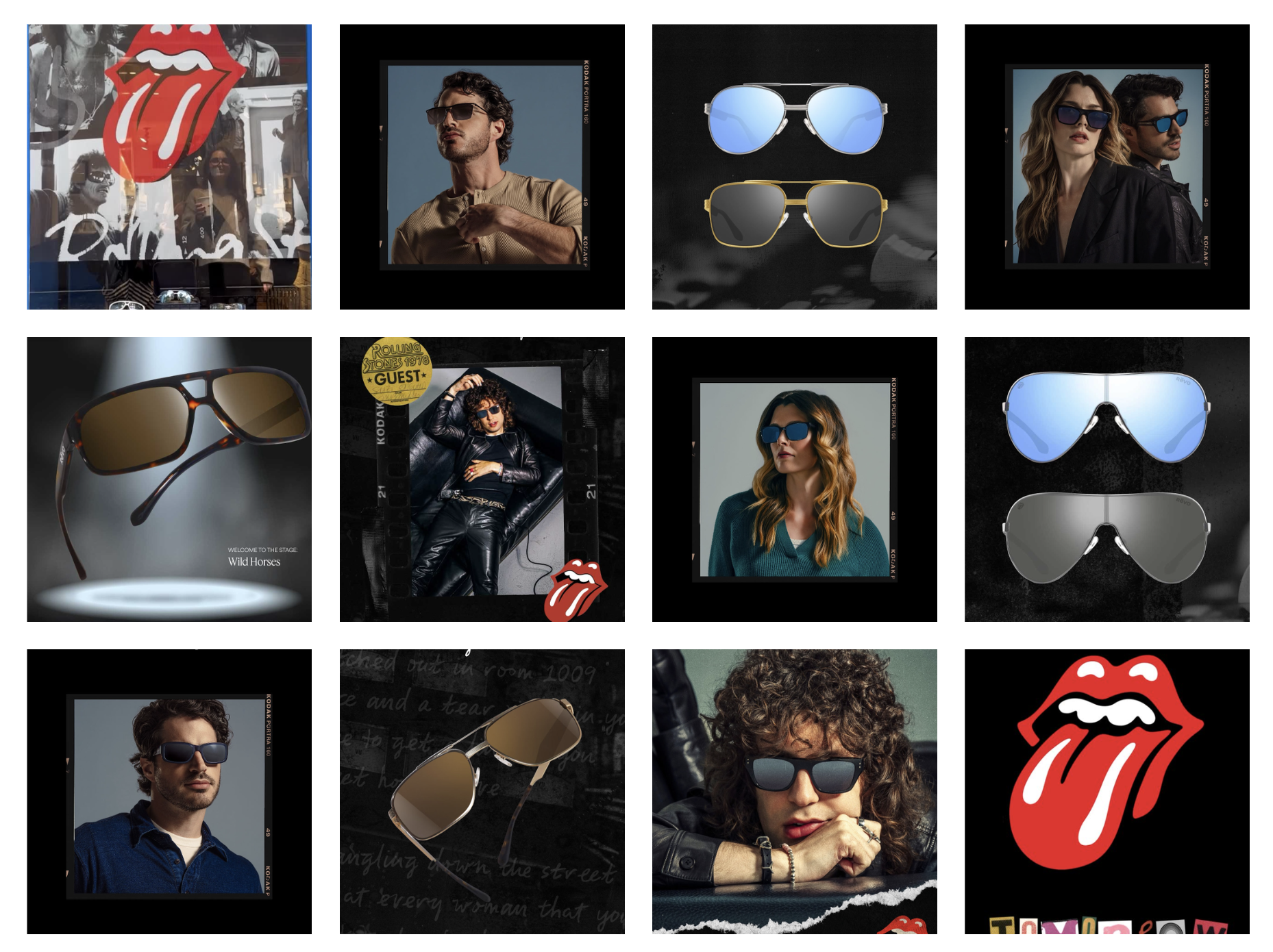 A collage of images featuring various sunglasses and models wearing sunglasses, with pop art and fashion photography styles.
