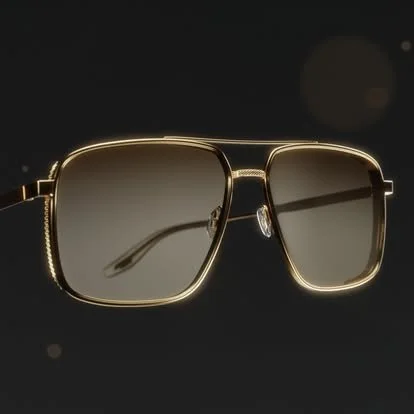 A pair of gold-framed sunglasses with tinted lenses against a dark background.