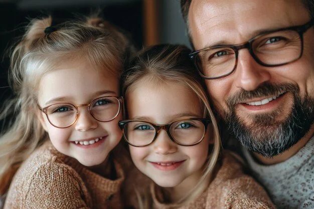 A man with glasses and a beard taking a selfie with two young girls, all smiling and wearing glasses.