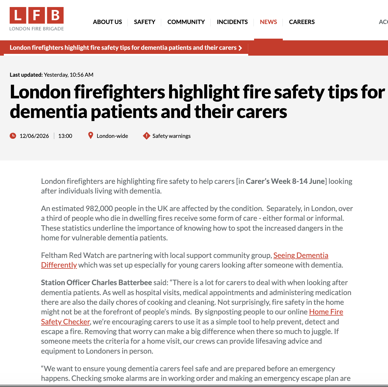 Screenshot of a London Fire Brigade news article about fire safety tips for dementia patients and their caregivers.