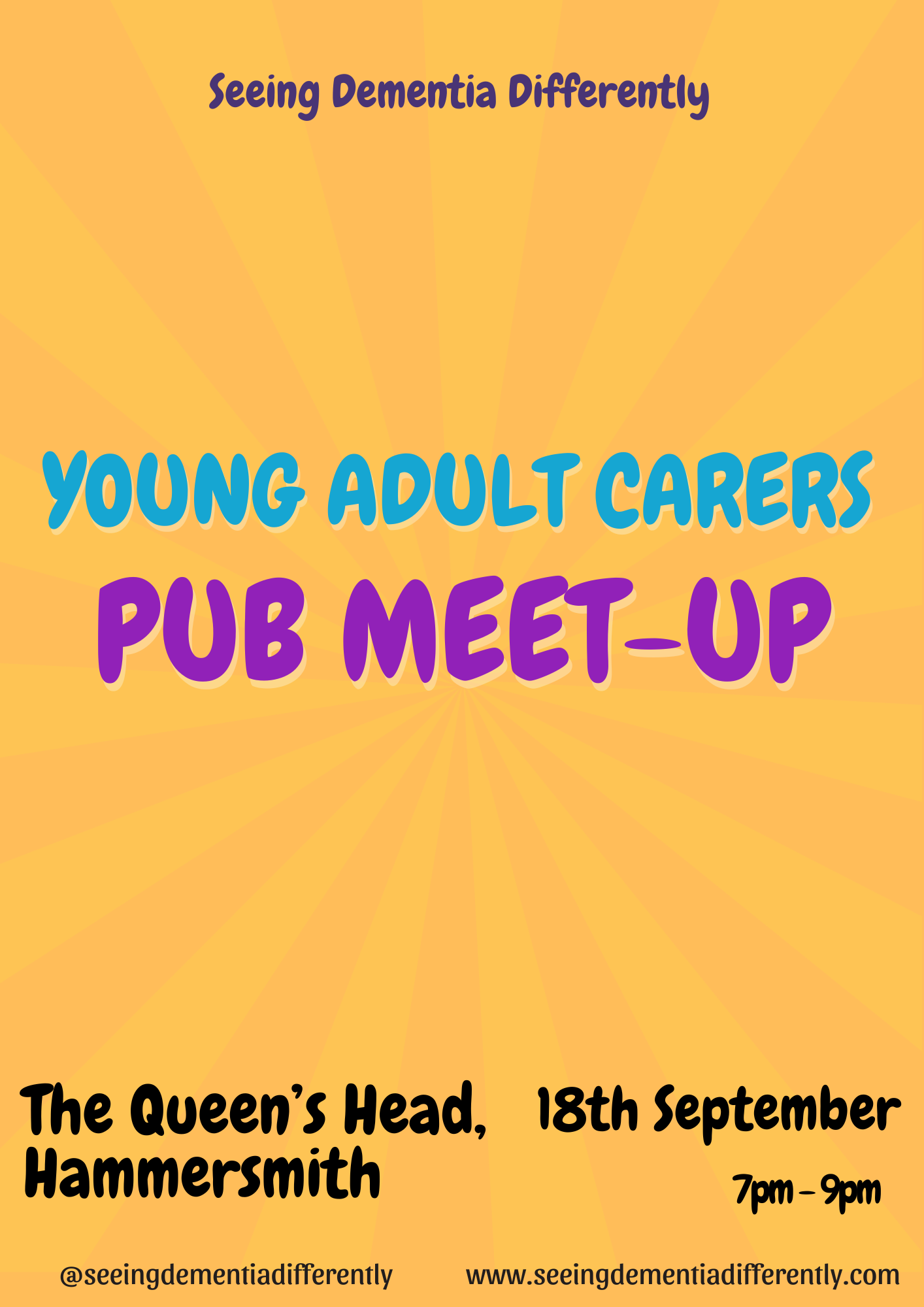 Event poster for pub meet-up for young adult carers, scheduled at The Queen's Head, Hammersmith, on September 18th, from 7 pm to 9 pm.