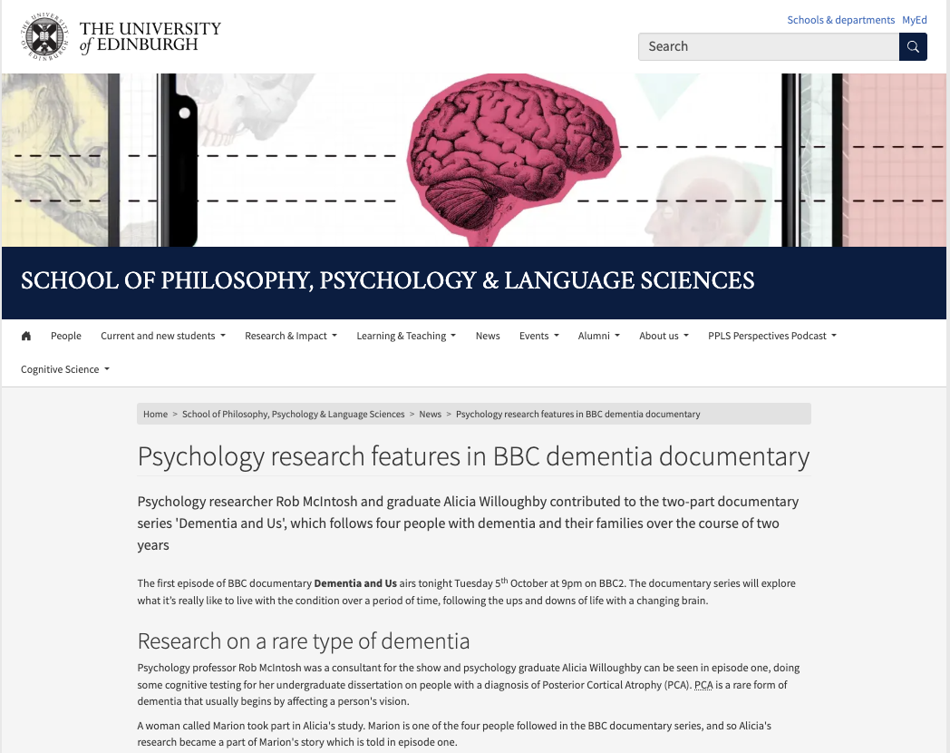 University of Edinburgh Article on Alicia Willoughby and BBC documentary Dementia and Us