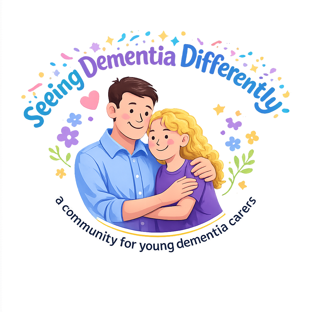 Illustration of a young man (Dad) and girl (daughter) embracing, text that reads "Serving Dementia Differently" and "a community for young dementia carers."