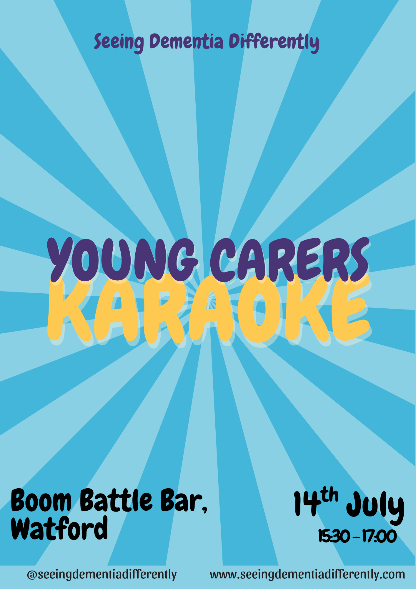 Flyer promoting 'Seeing Dementia Differently' Young Carers Karaoke event with a blue background and radial light rays design, event details including date, time, and location, along with social media and website links at the bottom.