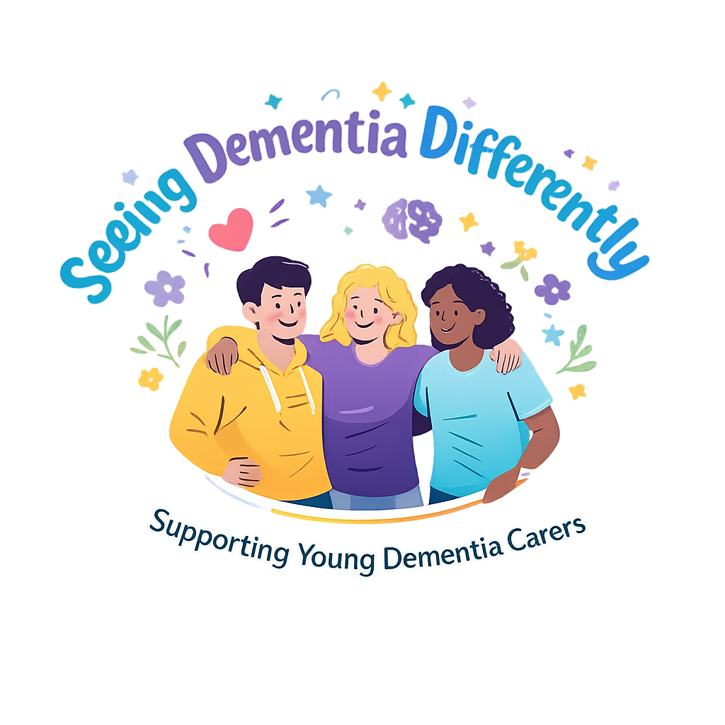 Illustration of three young people smiling and supporting each other, surrounded by flowers and stars, with the text 'Seeing Dementia Differently' and 'Supporting Young Dementia Carers'.