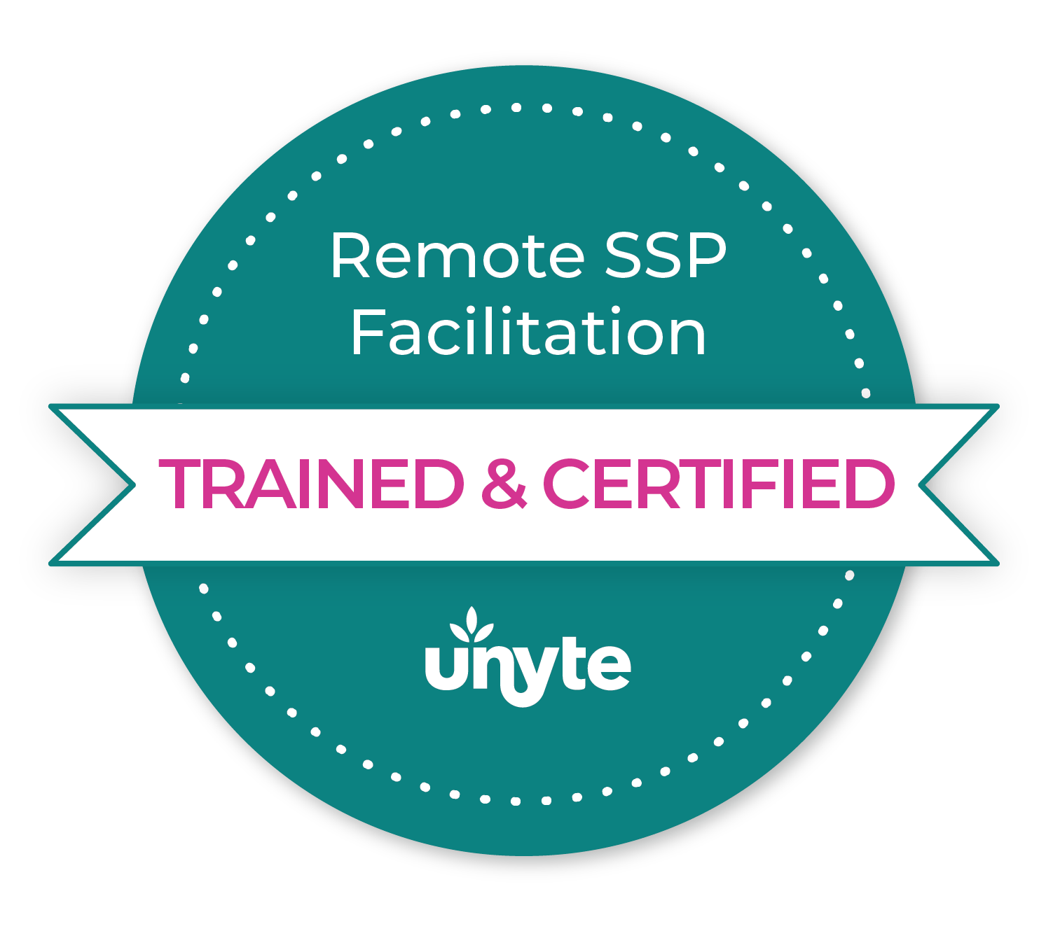 Circle badge with social service program endorsement, stating 'Remote SSP Facilitation Trained & Certified', and logo reading 'uynte' at the bottom.
