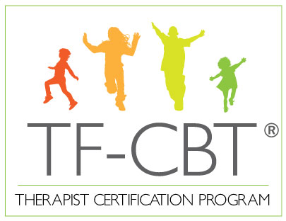 Four colorful silhouettes of children jumping and playing above the text 'TF-CBT Therapist Certification Program'.
