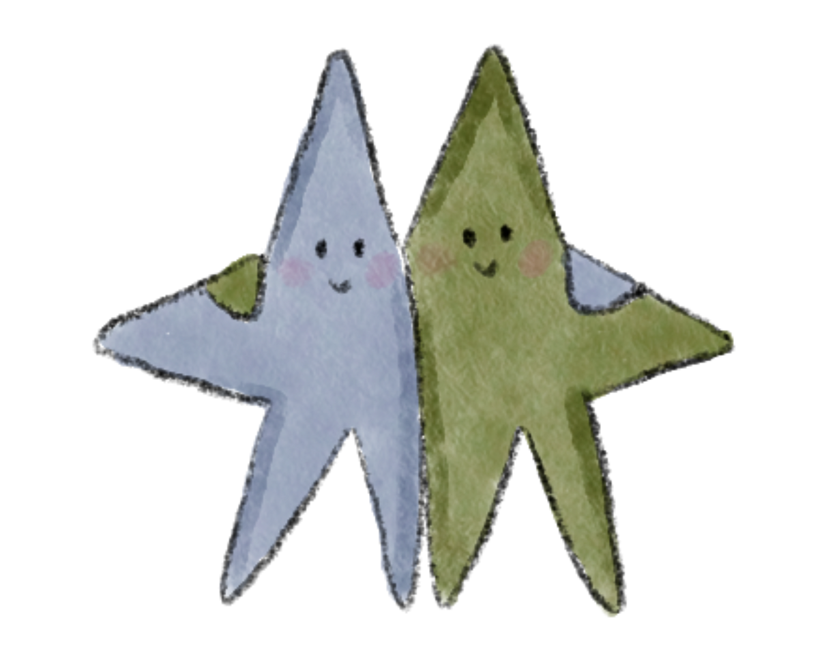 Two cartoon stars, one white and one green, with smiling faces and pink cheeks, standing close to each other against a black background.