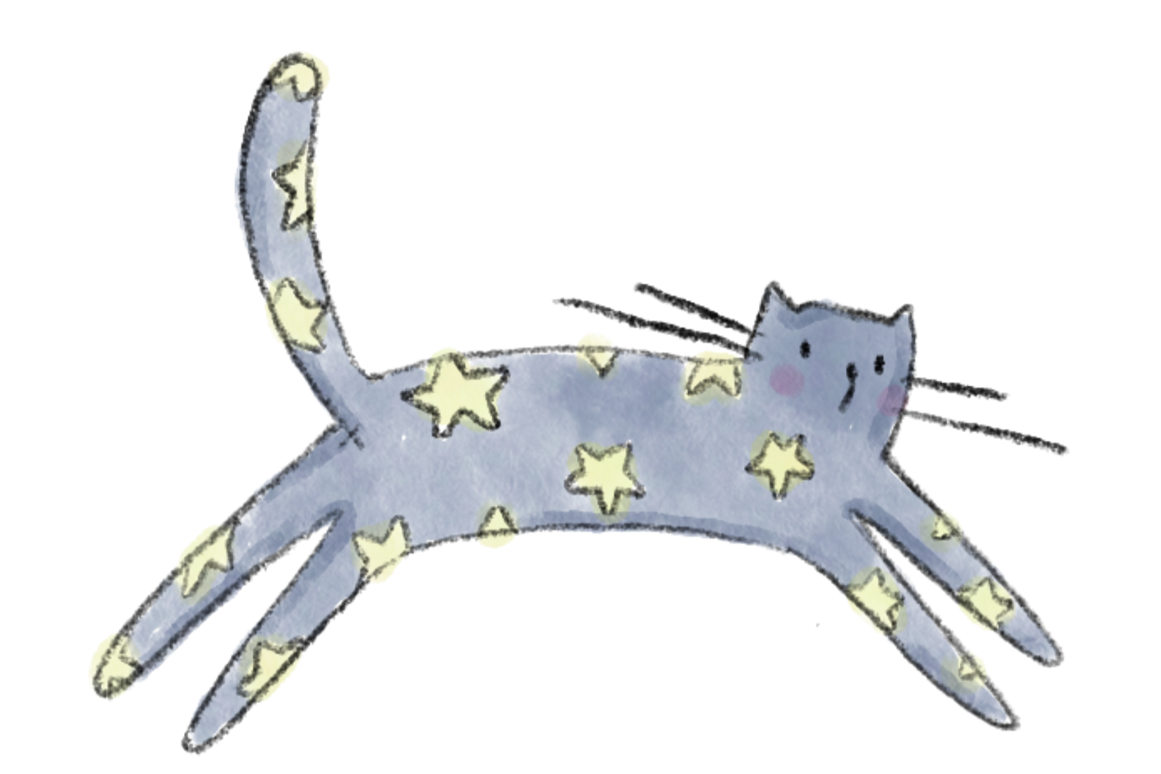 Hand-drawn illustration of a gray cat covered with yellow star-shaped patches.