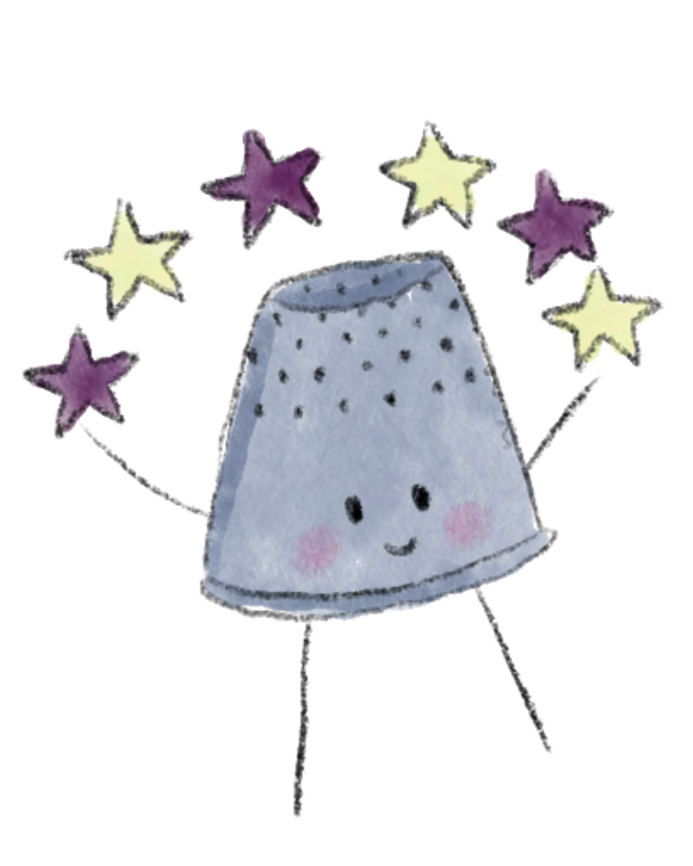 A cute cartoon ghost with rosy cheeks, smiling face, surrounded by purple and cream-colored stars.