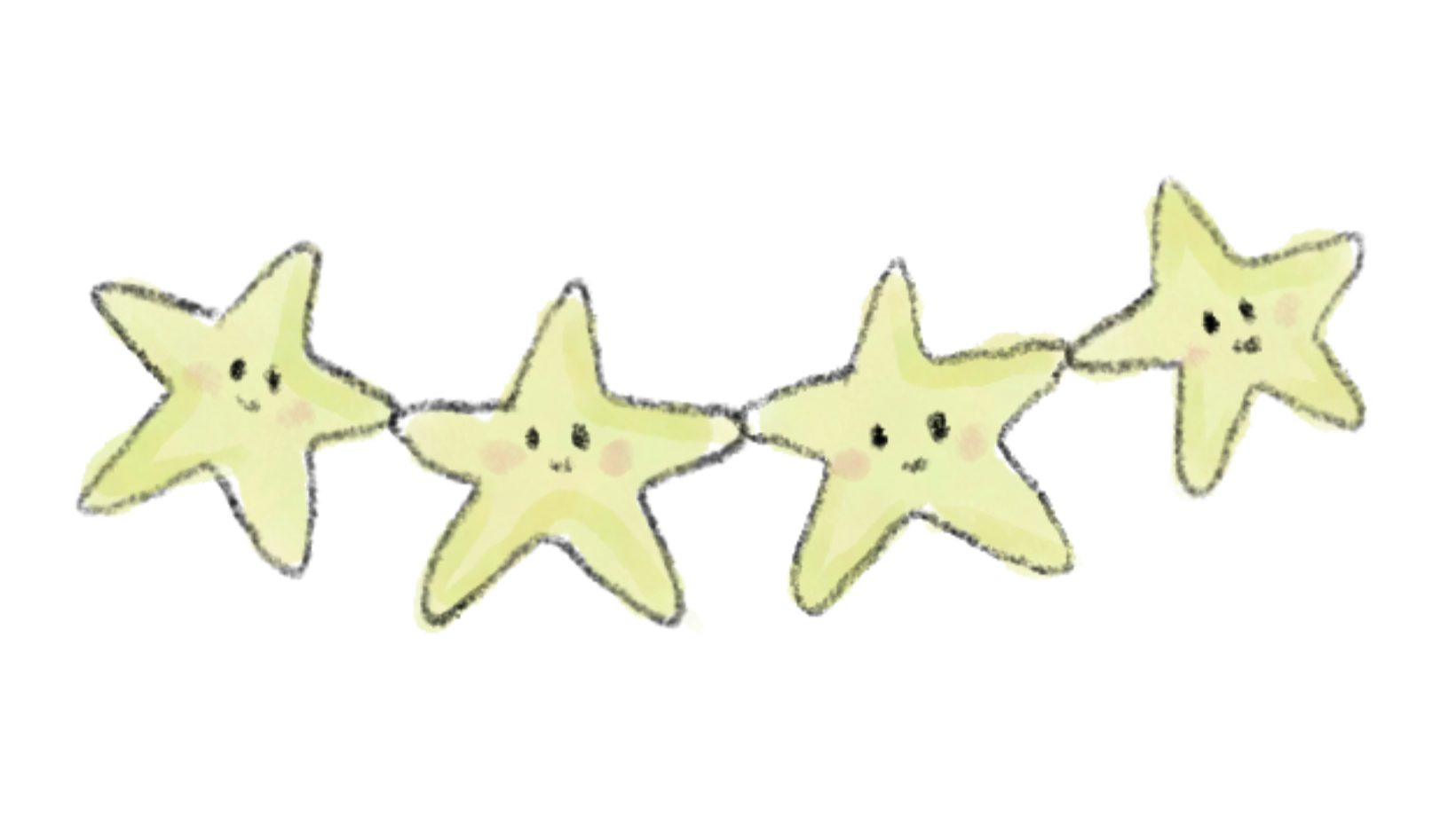 Four cartoon starfish with happy faces and pink cheeks, connected by a string