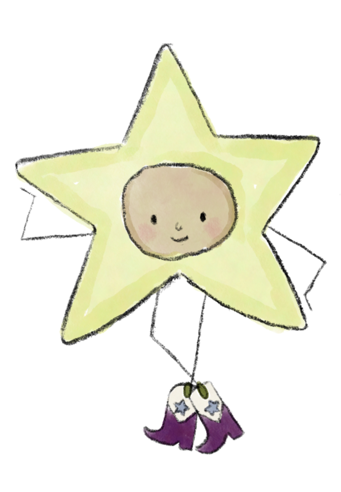 A cartoon star with a smiling face, pink cheeks, wearing purple boots with star accents, and a white collar with black stars, standing against a black background.