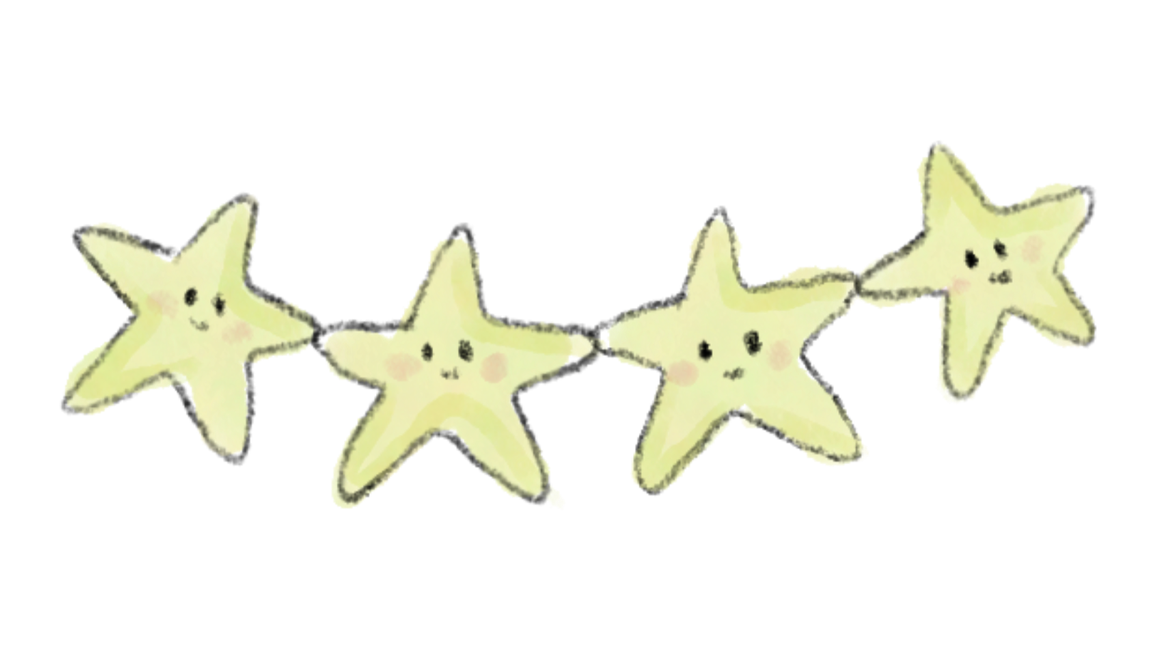Four smiling starfish with pink cheeks and black eyes, hanging on a string.