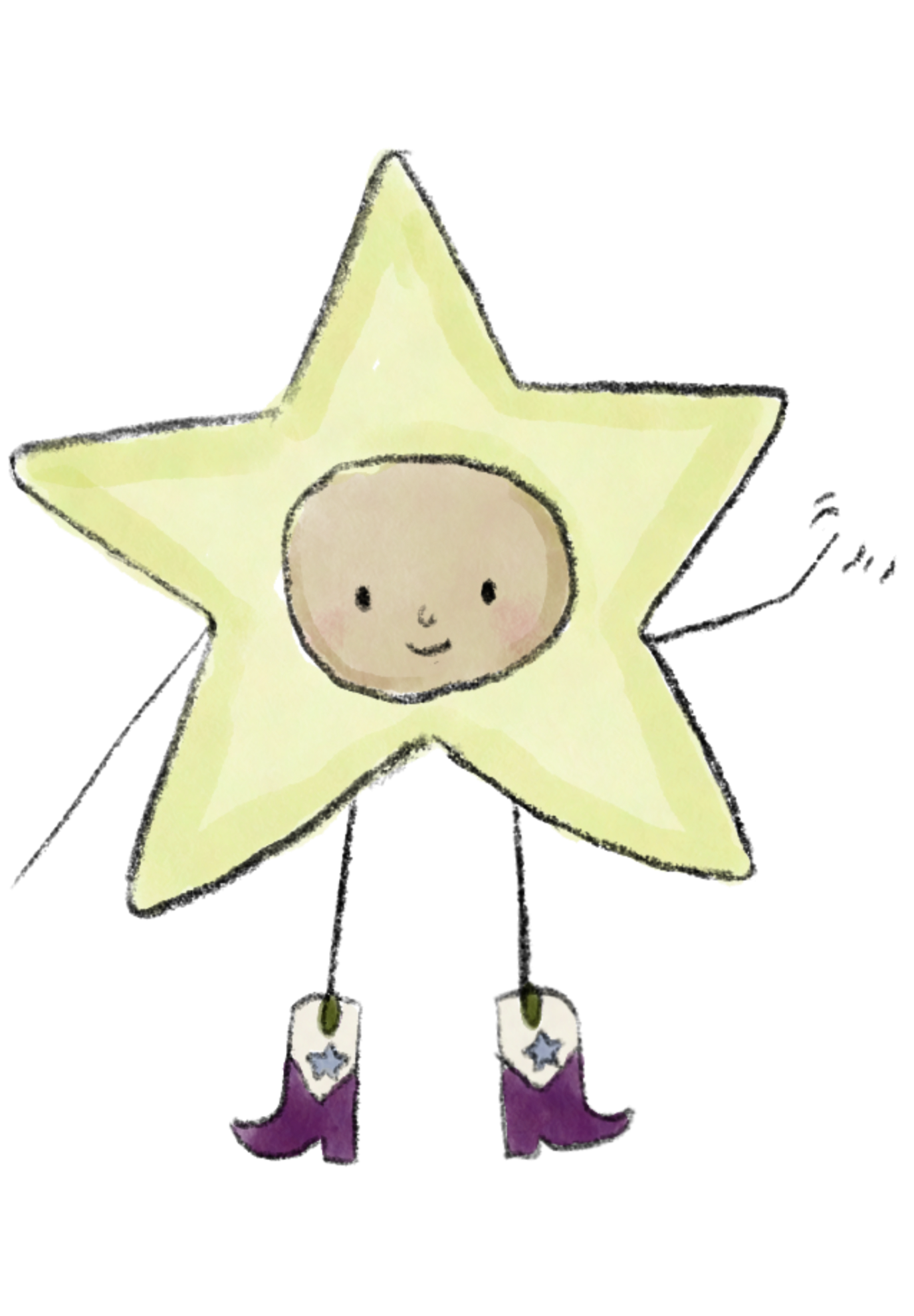 A cute cartoon star with a smiling face, small chin, and rosy cheeks, wearing purple boots with star-shaped decorations, standing on black background.