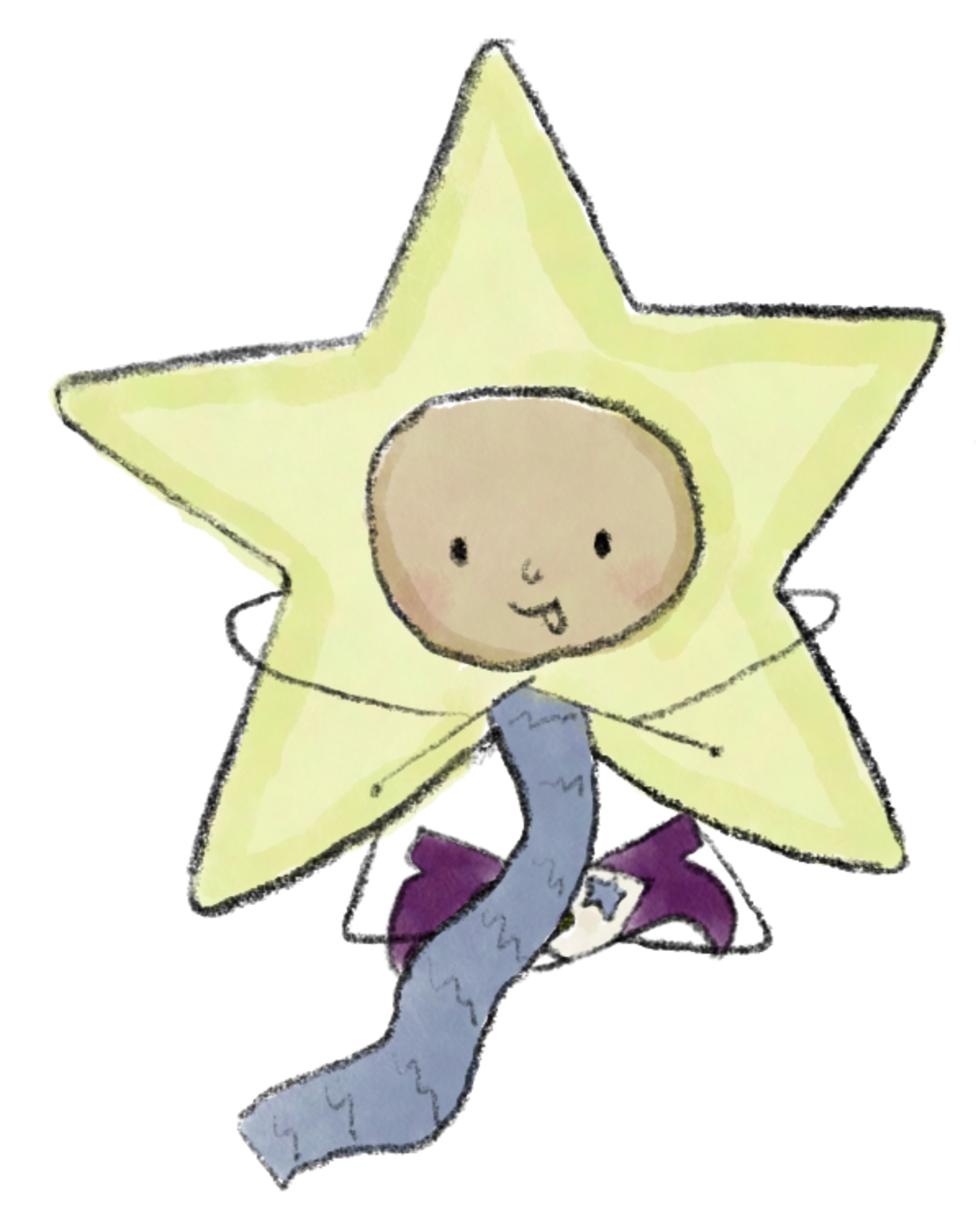A cartoon baby with a happy face, wearing a yellow star-shaped hat, a purple outfit with a star on the chest, holding and reading a piece of paper.