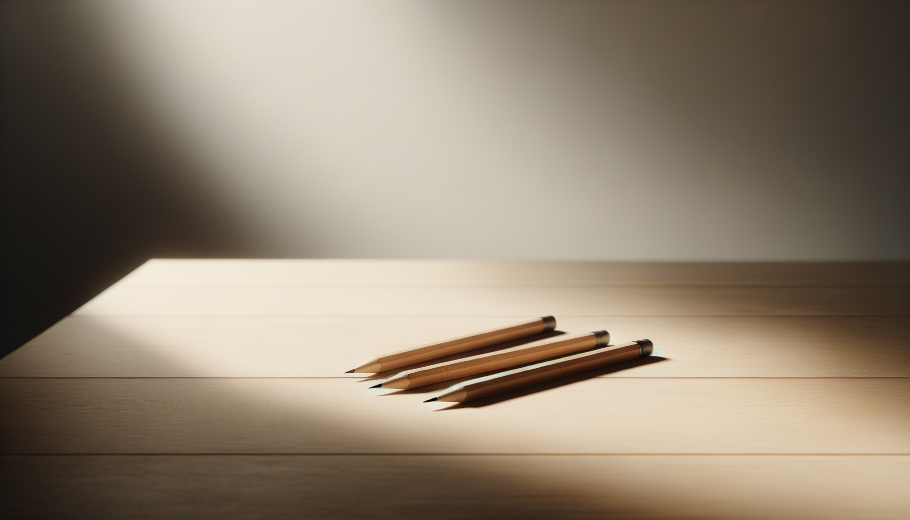 Three pencils with black erasers arranged on a wooden surface with light and shadow patterns.